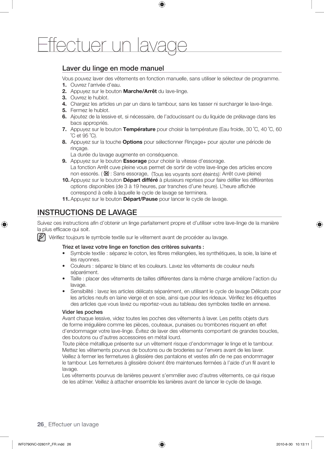 Samsung WF0790NCX/YLO manual Instructions DE Lavage, Laver du linge en mode manuel 