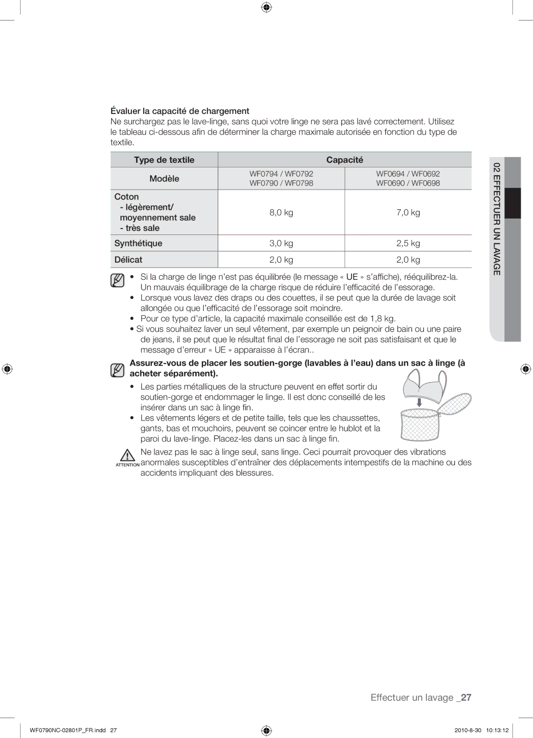 Samsung WF0790NCX/YLO manual Type de textile Capacité, Modèle 