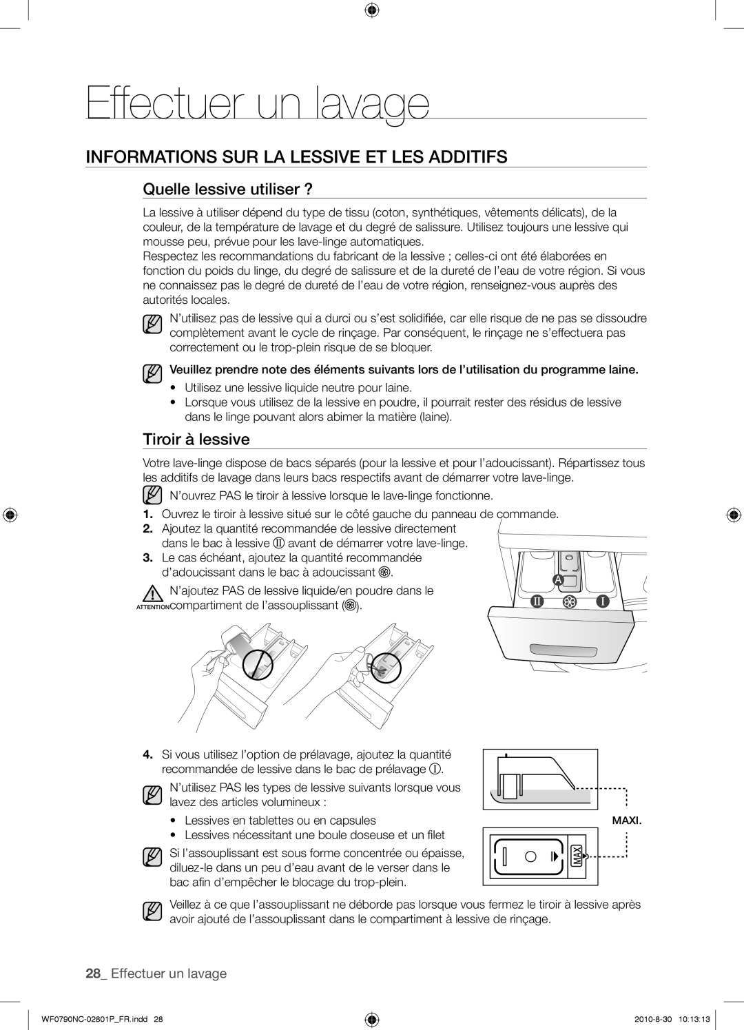 Samsung WF0790NCX/YLO manual Informations SUR LA Lessive ET LES Additifs, Quelle lessive utiliser ?, Tiroir à lessive 