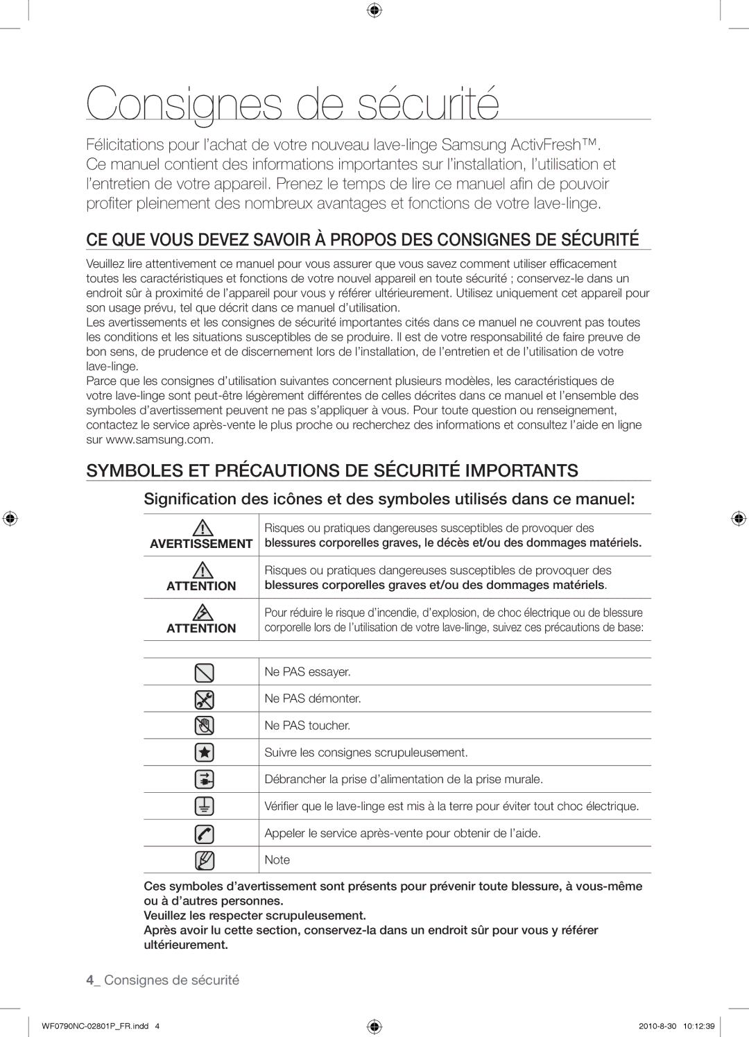 Samsung WF0790NCX/YLO manual Consignes de sécurité, CE QUE Vous Devez Savoir À Propos DES Consignes DE Sécurité 