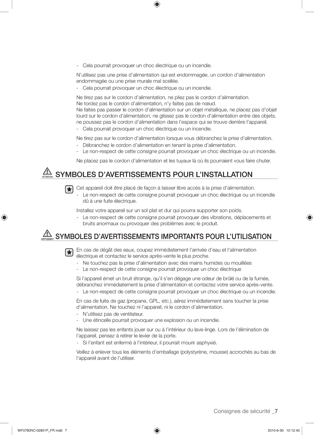 Samsung WF0790NCX/YLO manual Consignes de sécurité 