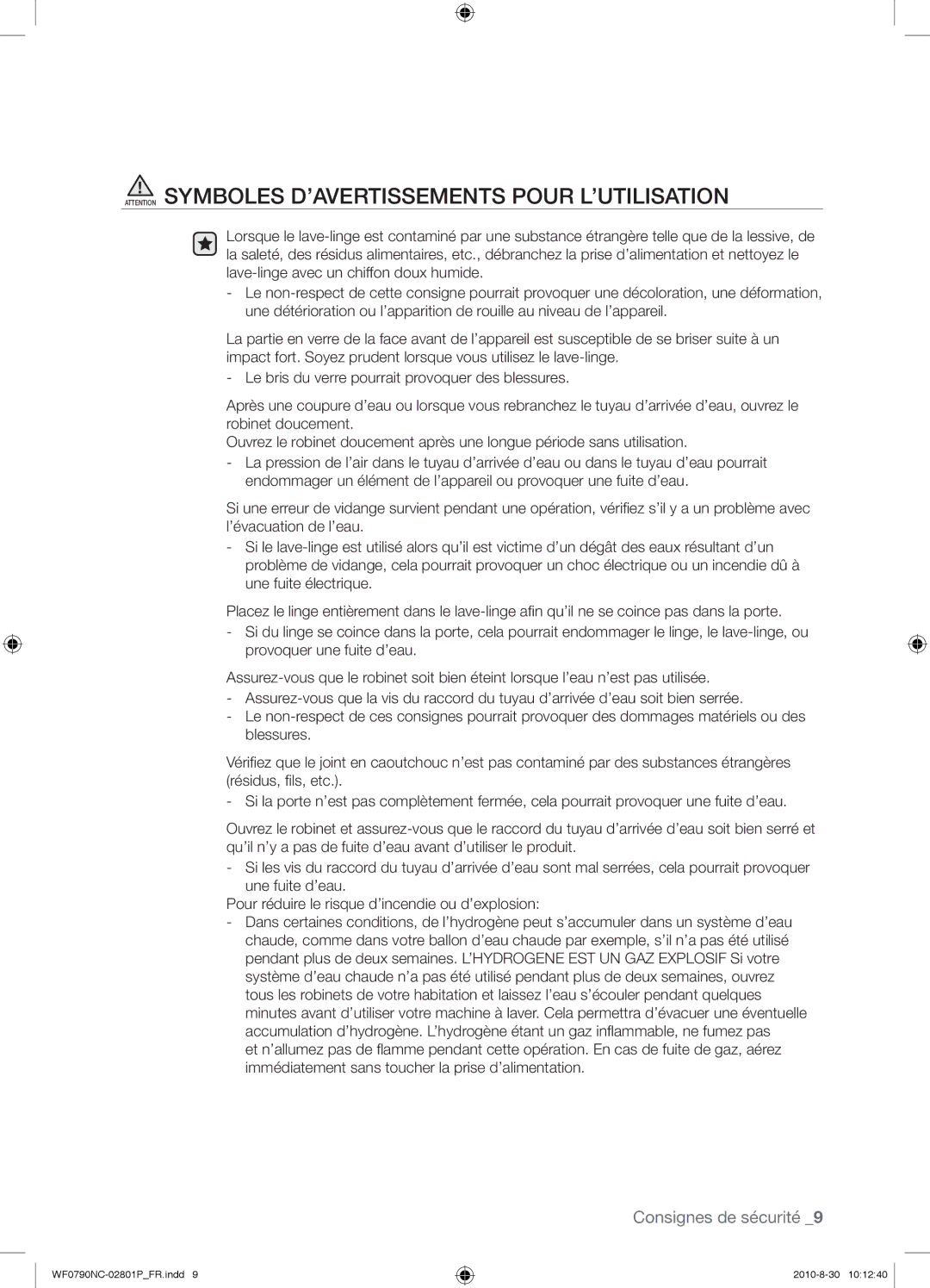 Samsung WF0790NCX/YLO manual Consignes de sécurité 