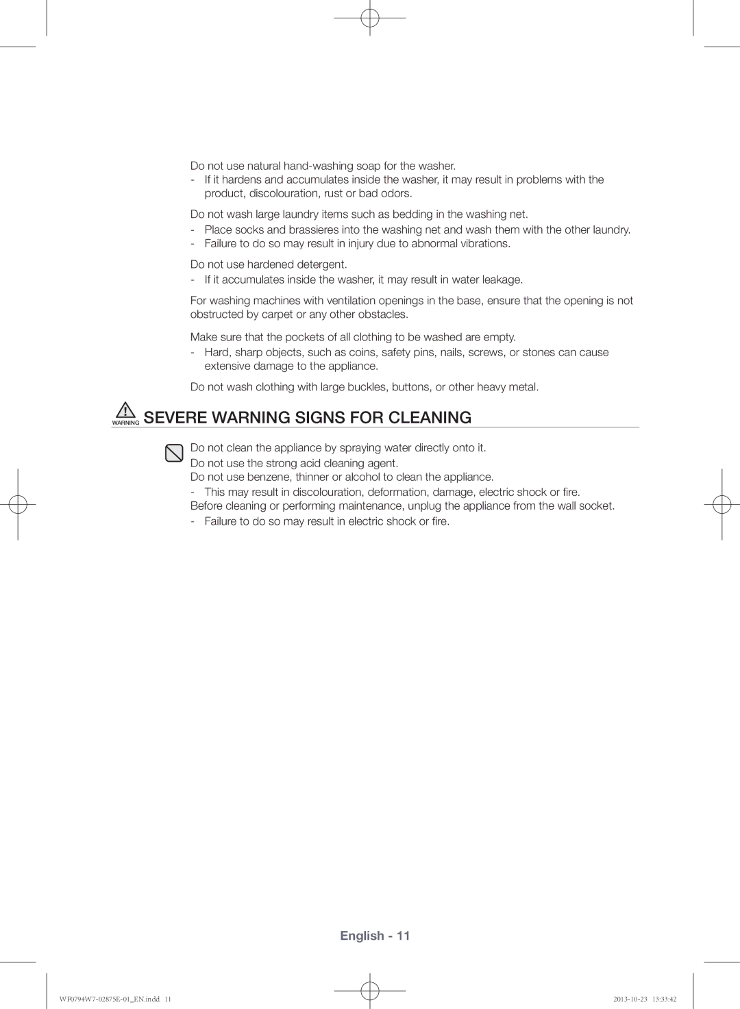 Samsung WF0794W7E9/XSV manual Failure to do so may result in electric shock or fire 