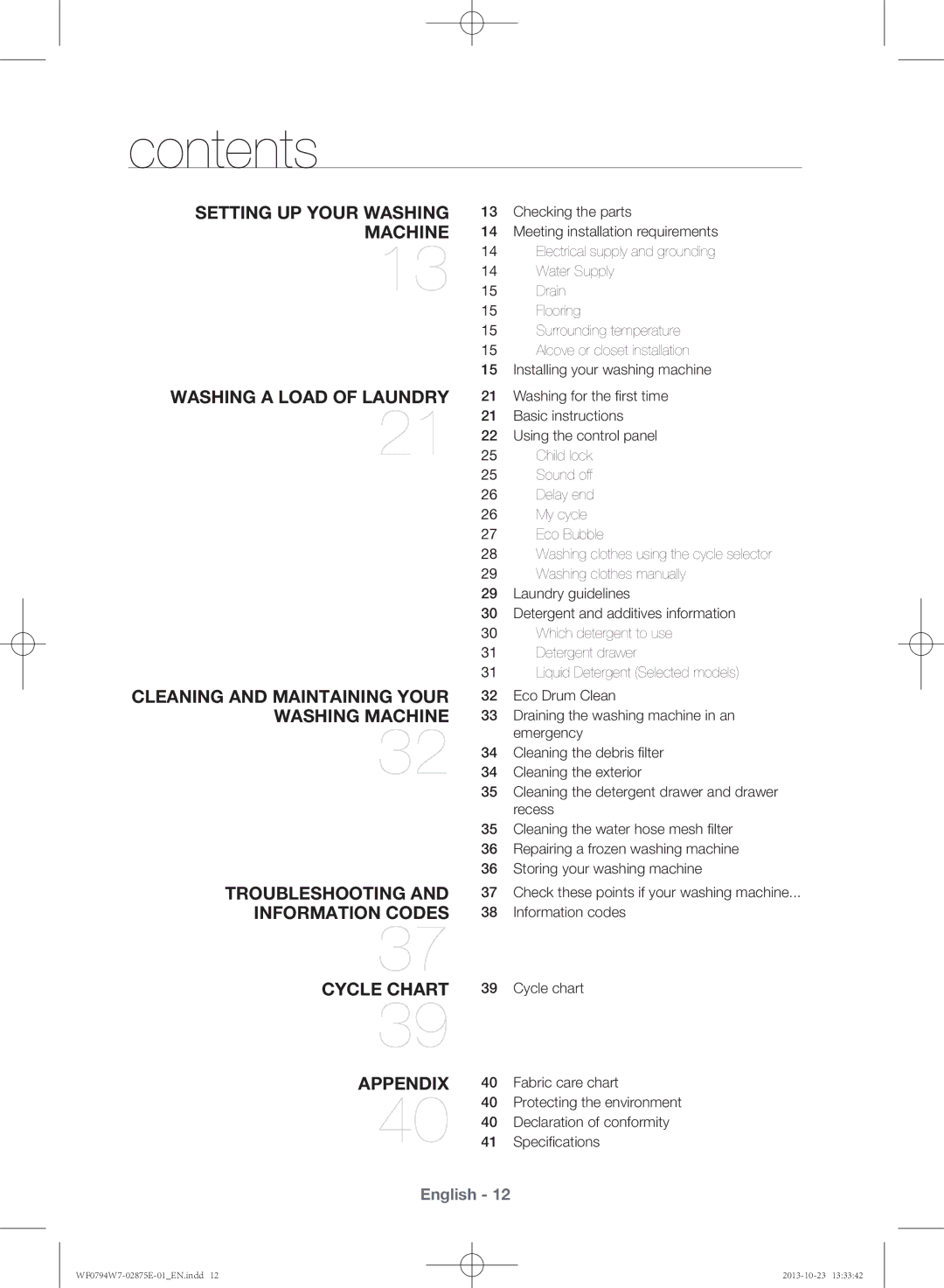 Samsung WF0794W7E9/XSV manual Contents 