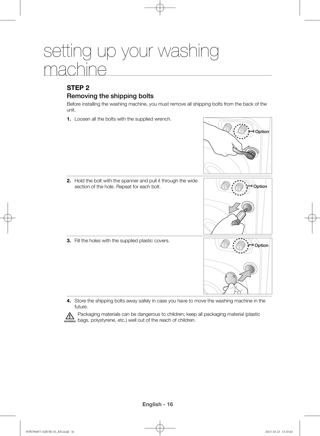 Samsung WF0794W7E9/XSV manual Removing the shipping bolts 