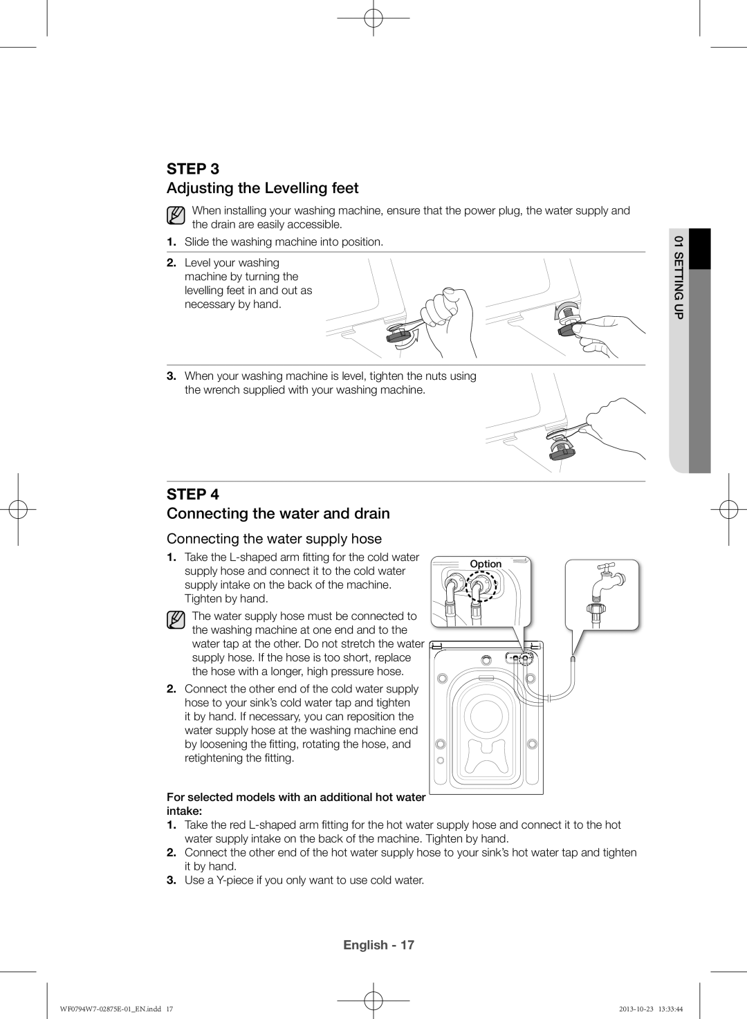 Samsung WF0794W7E9/XSV manual Adjusting the Levelling feet, Connecting the water and drain 