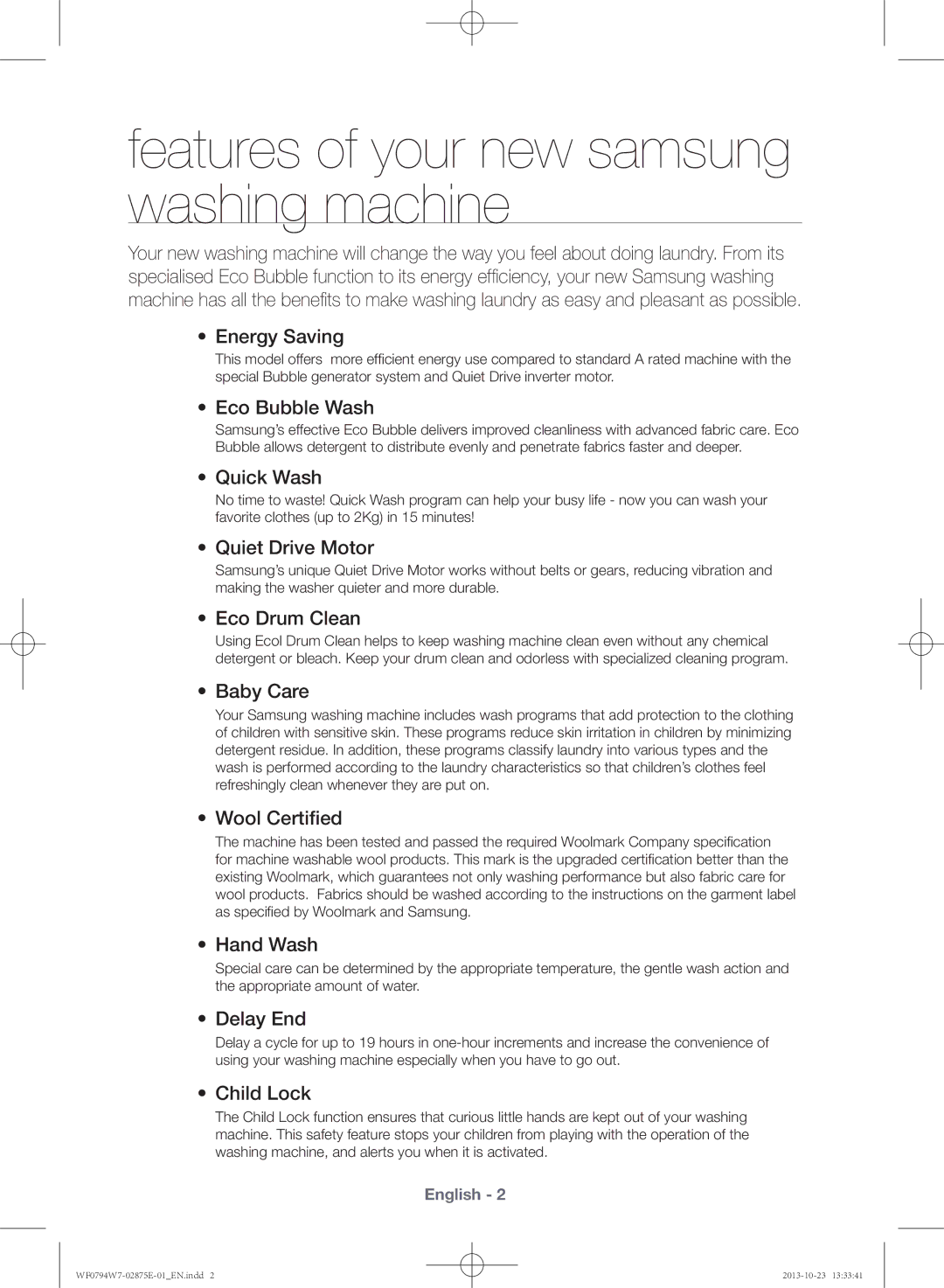 Samsung WF0794W7E9/XSV manual Features of your new samsung washing machine 