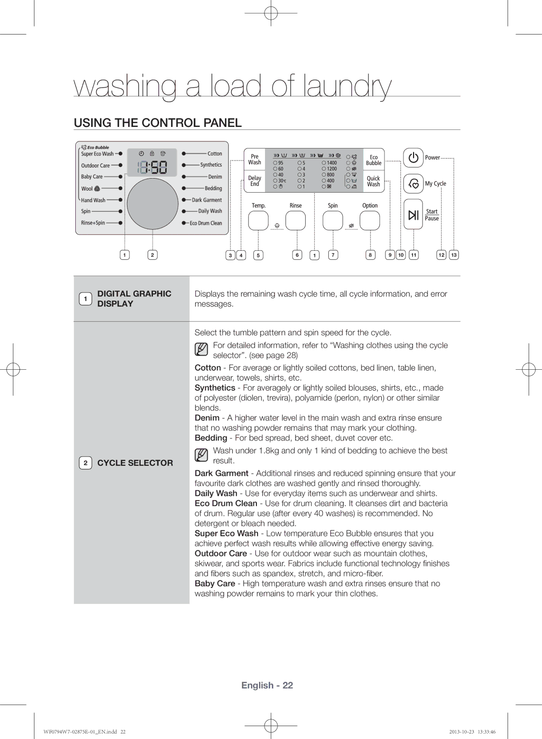 Samsung WF0794W7E9/XSV manual Using the control panel, Cycle Selector, Result 