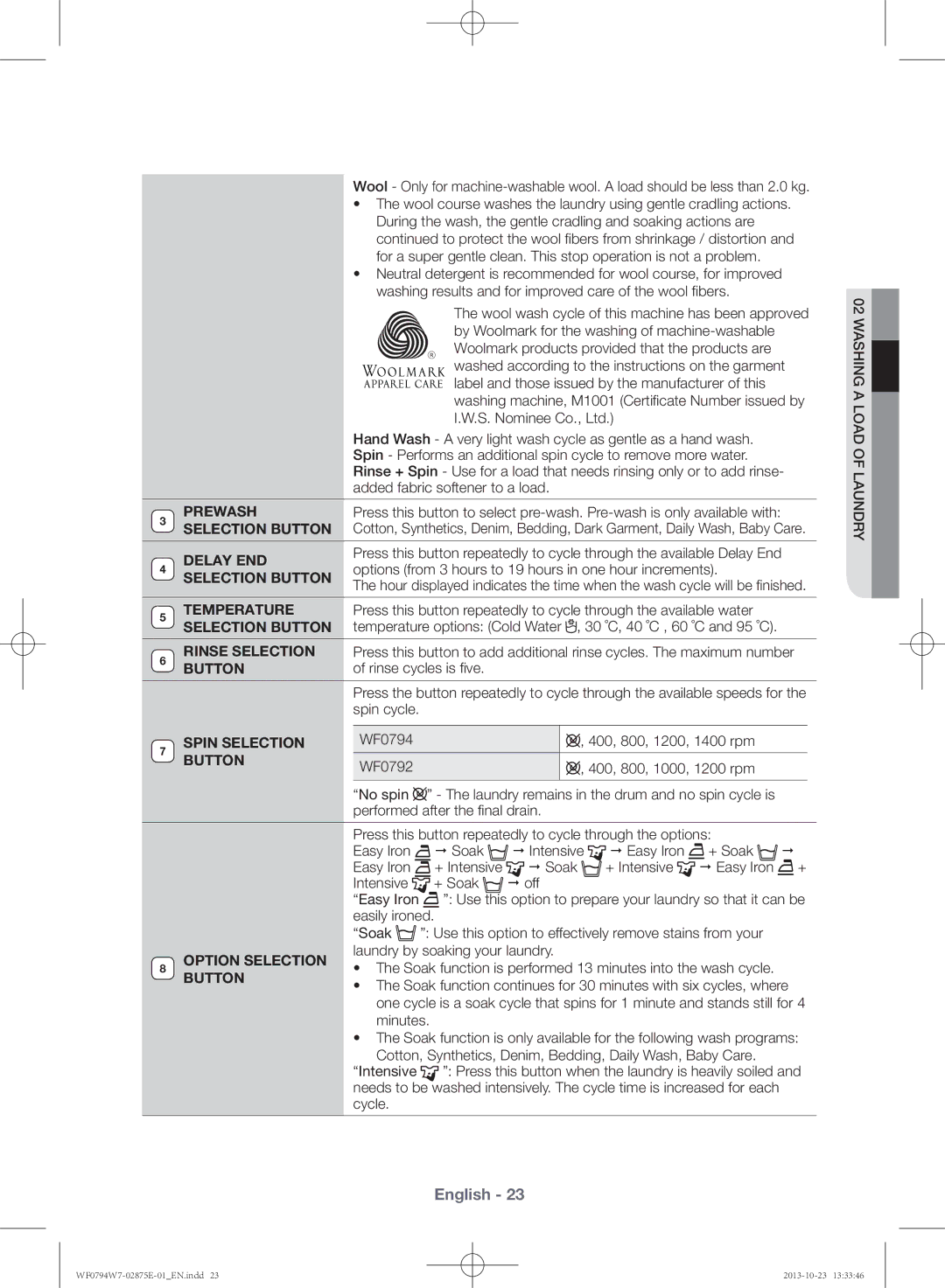 Samsung WF0794W7E9/XSV manual Prewash, Selection Button, Delay END, Temperature, Rinse Selection, Spin Selection 