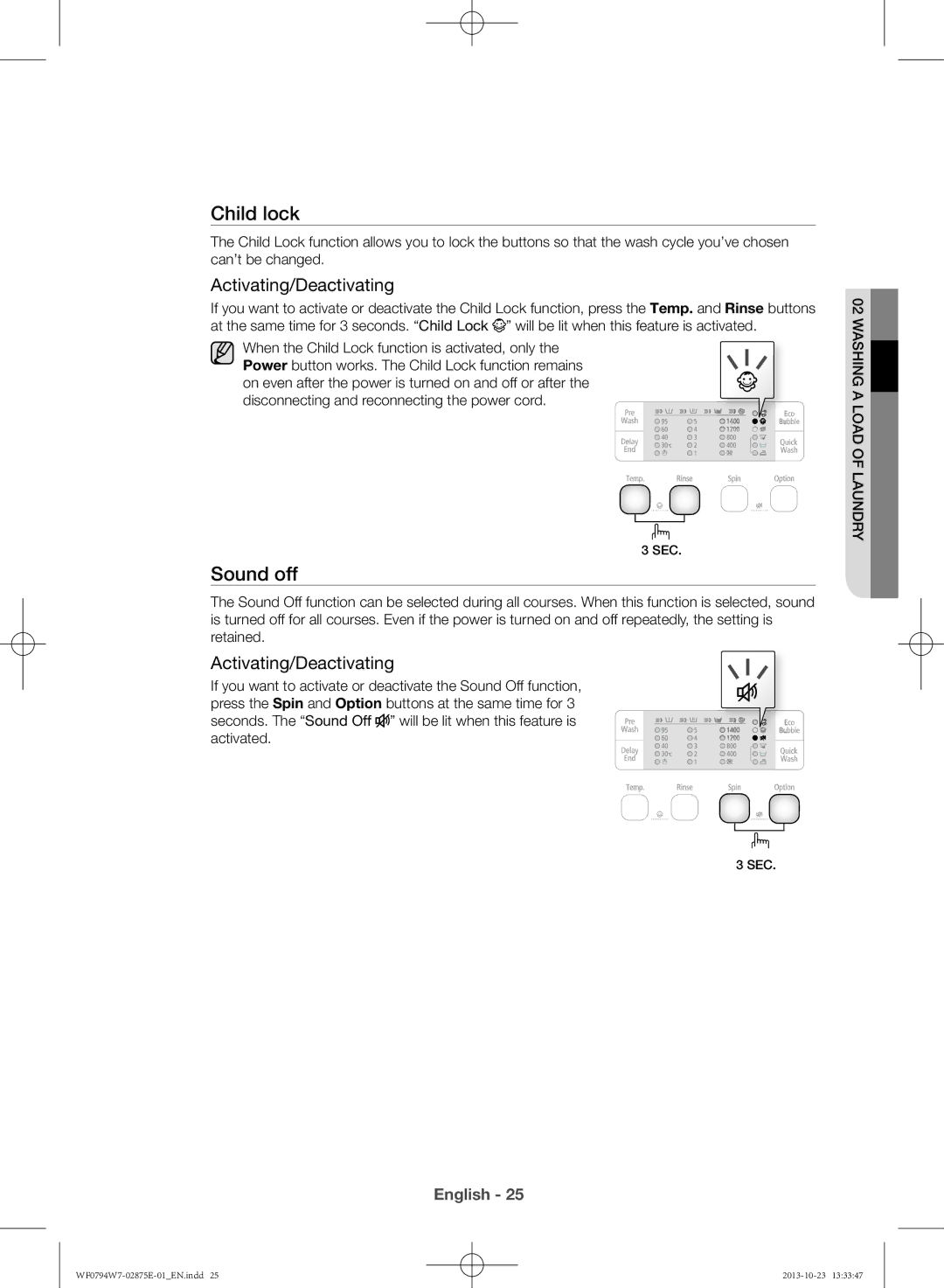 Samsung WF0794W7E9/XSV manual Sound off, Activating/Deactivating 