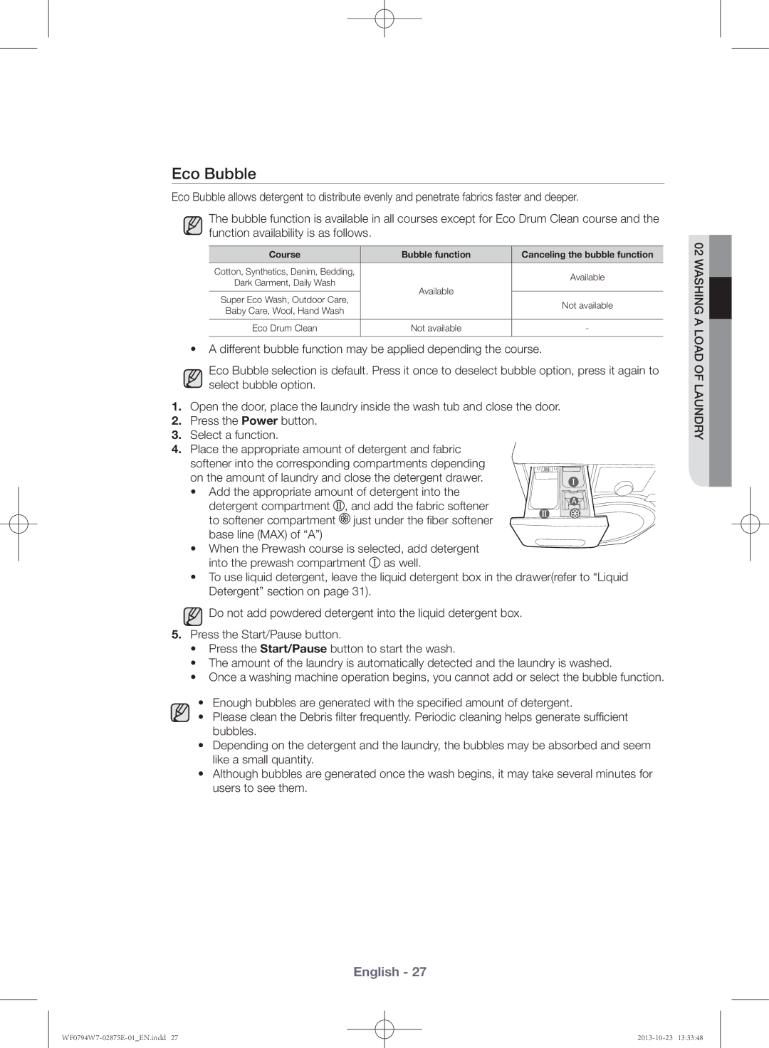 Samsung WF0794W7E9/XSV manual Eco Bubble, Course Bubble function Canceling the bubble function 