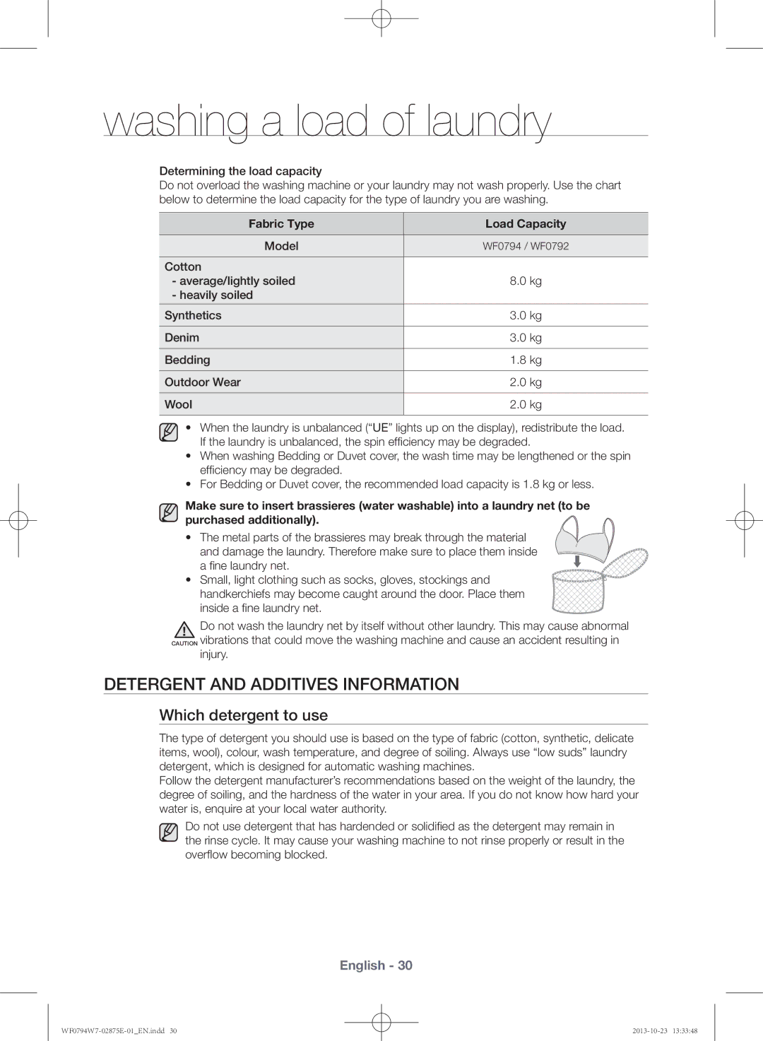 Samsung WF0794W7E9/XSV manual Detergent and additives information, Which detergent to use, Fabric Type Load Capacity 