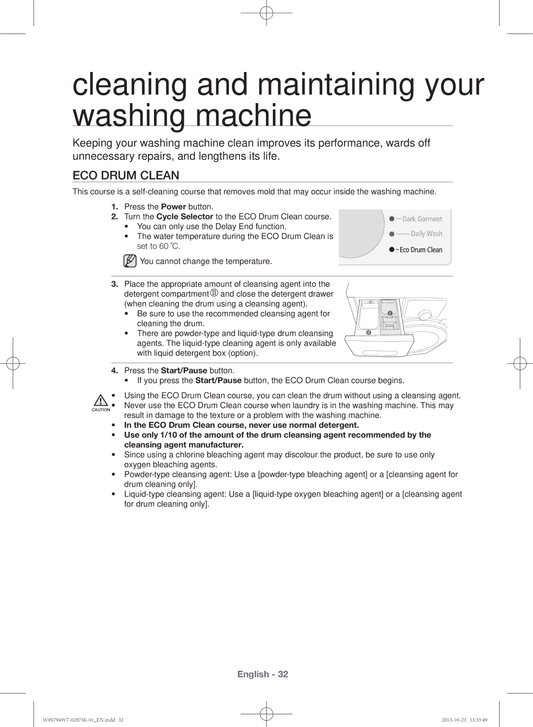 Samsung WF0794W7E9/XSV manual Cleaning and maintaining your washing machine, Eco Drum Clean 