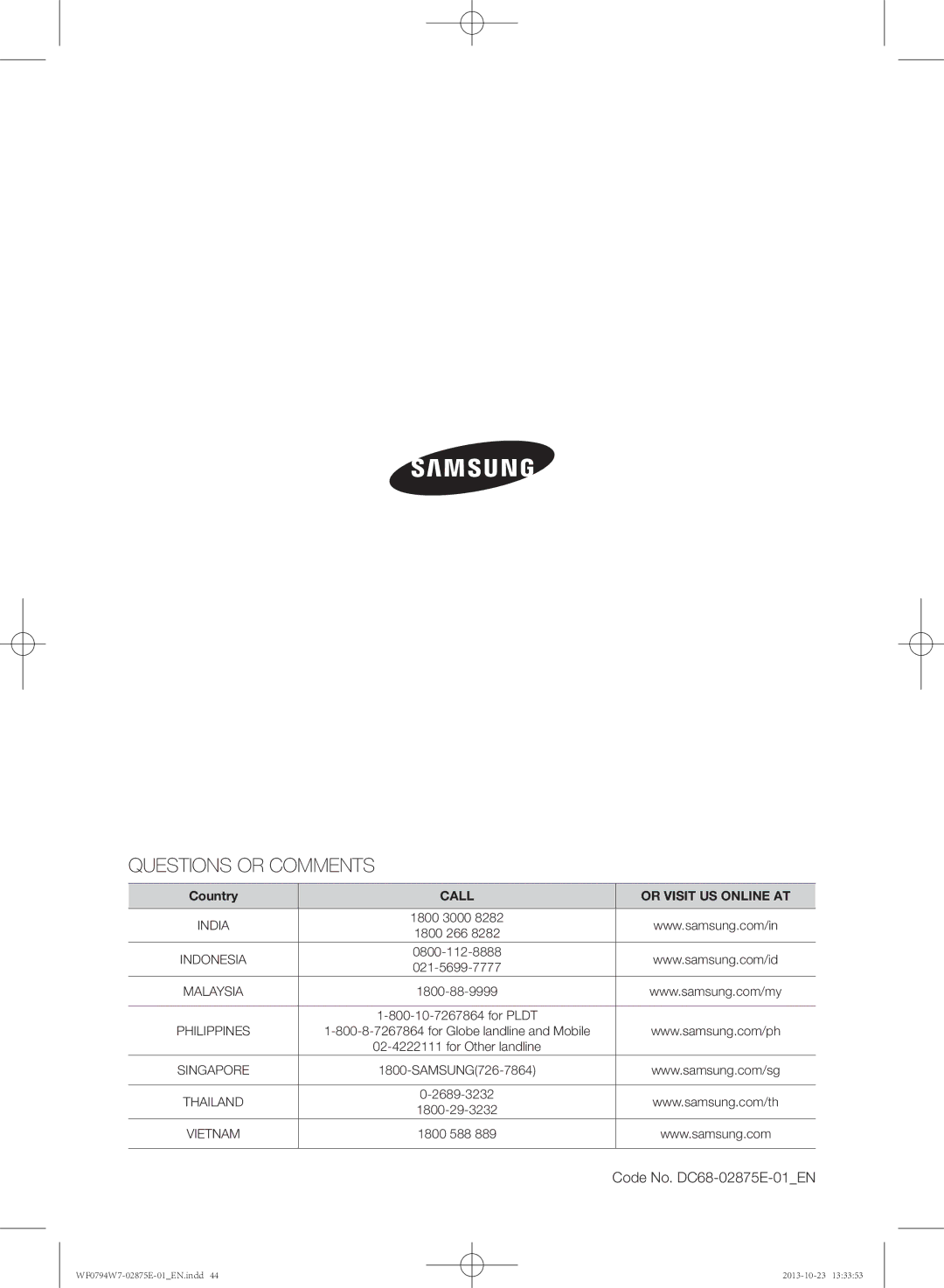 Samsung WF0794W7E9/XSV manual Questions or Comments 