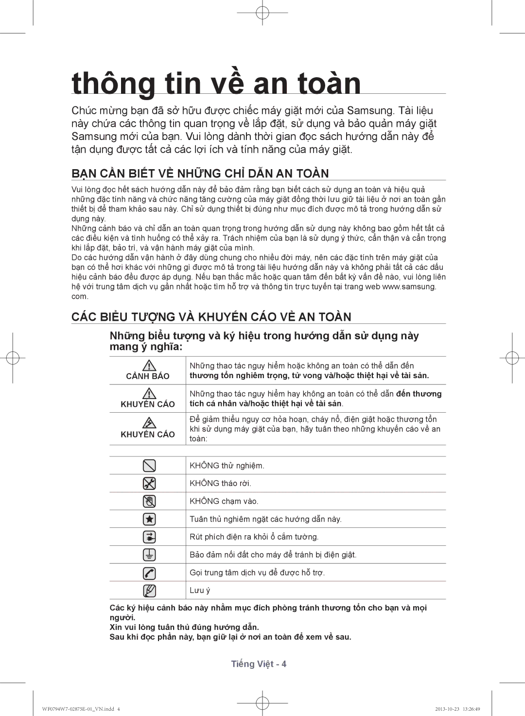 Samsung WF0794W7E9/XSV manual Thông tin về an toàn, Bạn cần biết về những chỉ dẫn an toàn, Cảnh BÁO, Khuyến CÁO 