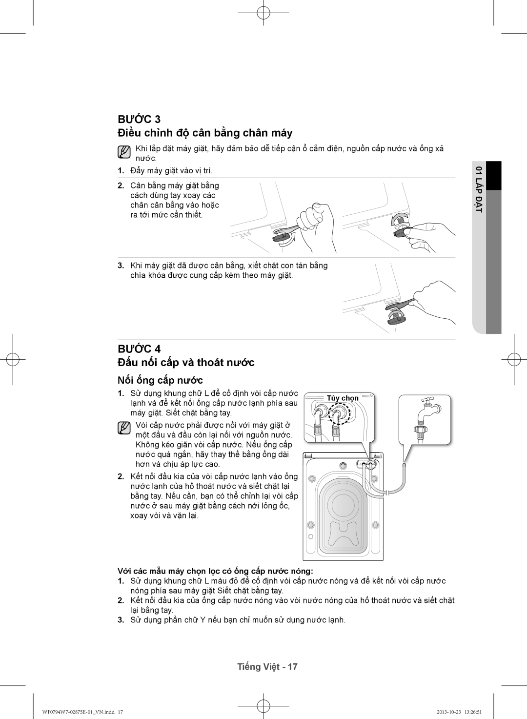 Samsung WF0794W7E9/XSV manual Điều chỉnh độ̣ cân bằng chân máy, Đấu nối cấp và thoát nước 