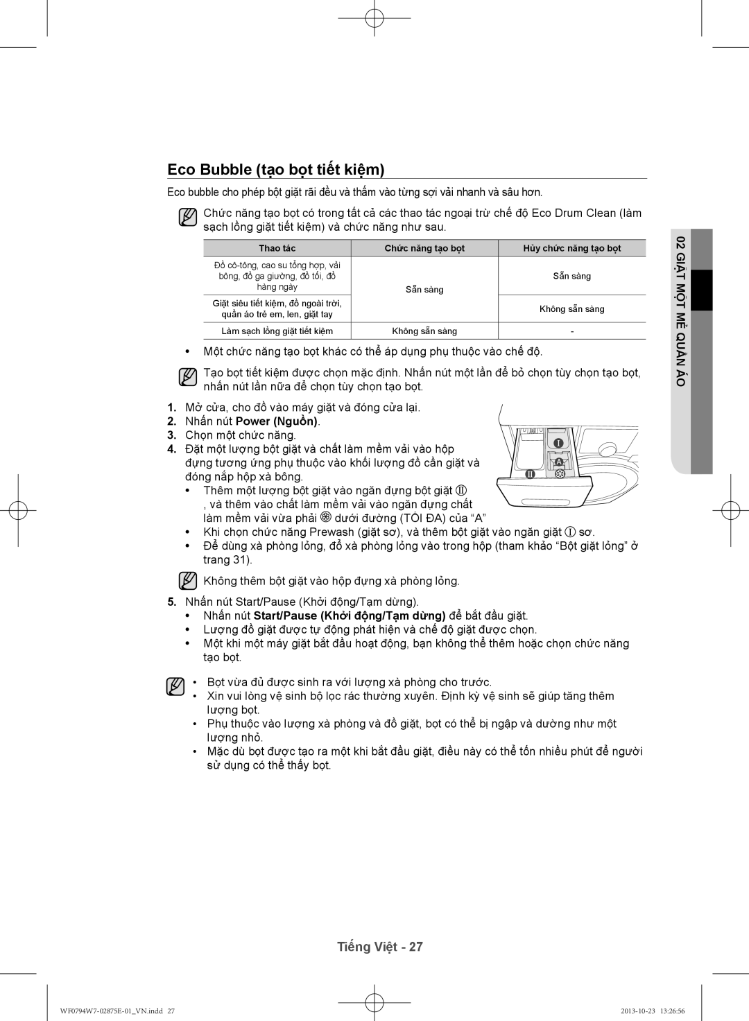 Samsung WF0794W7E9/XSV manual Eco Bubble tạo bọ̣t tiết kiệm, Nhấ́n nút Start/Pause Khởi độ̣ng/Tạm dừng để bắ́t đầ̀u giặt 