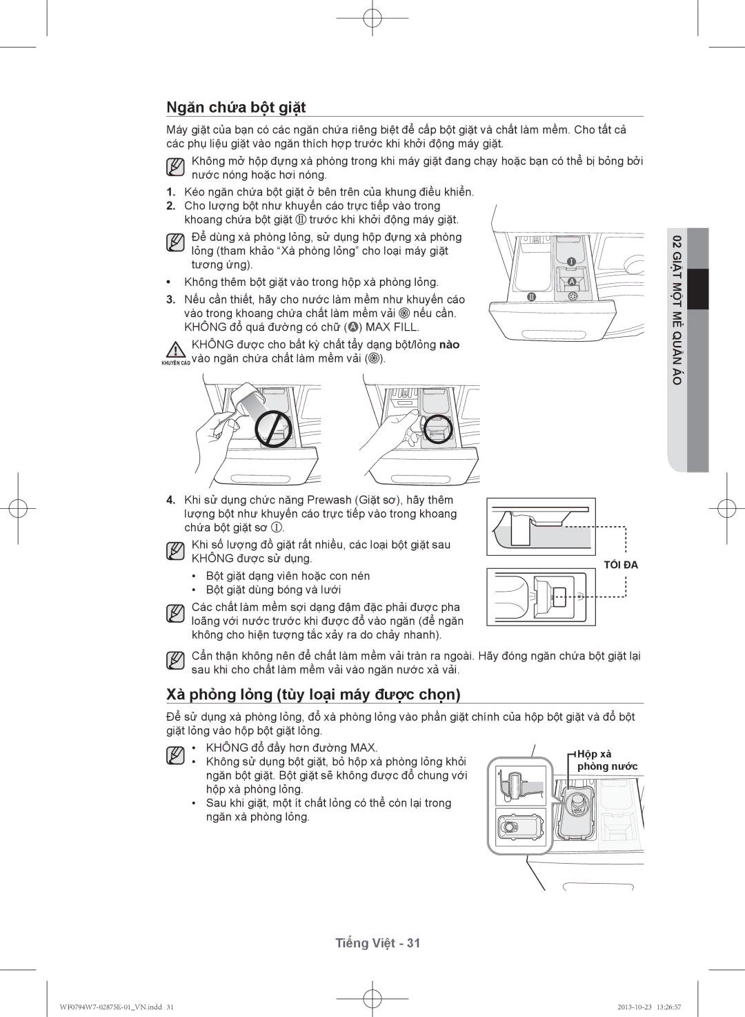 Samsung WF0794W7E9/XSV manual Ngăn chứ́a bộ̣t giặt, Xà phỏ̉ng lỏ̉ng tùy loại máy đượ̣c chọ̣n 