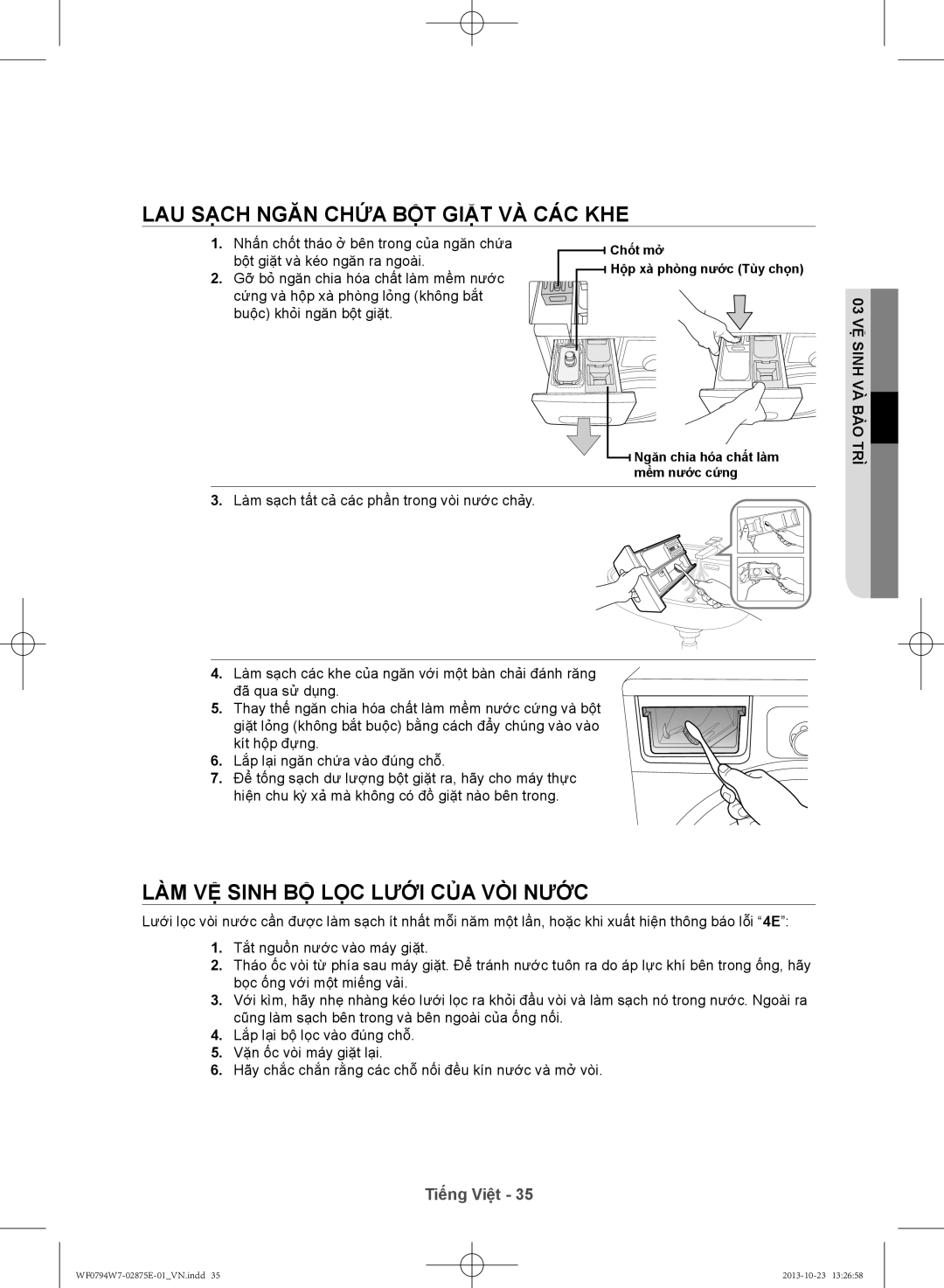 Samsung WF0794W7E9/XSV manual Lau sạch ngăn chứa bột giặt và các khe, Làm vệ sinh bộ lọc lưới của vòi nước 