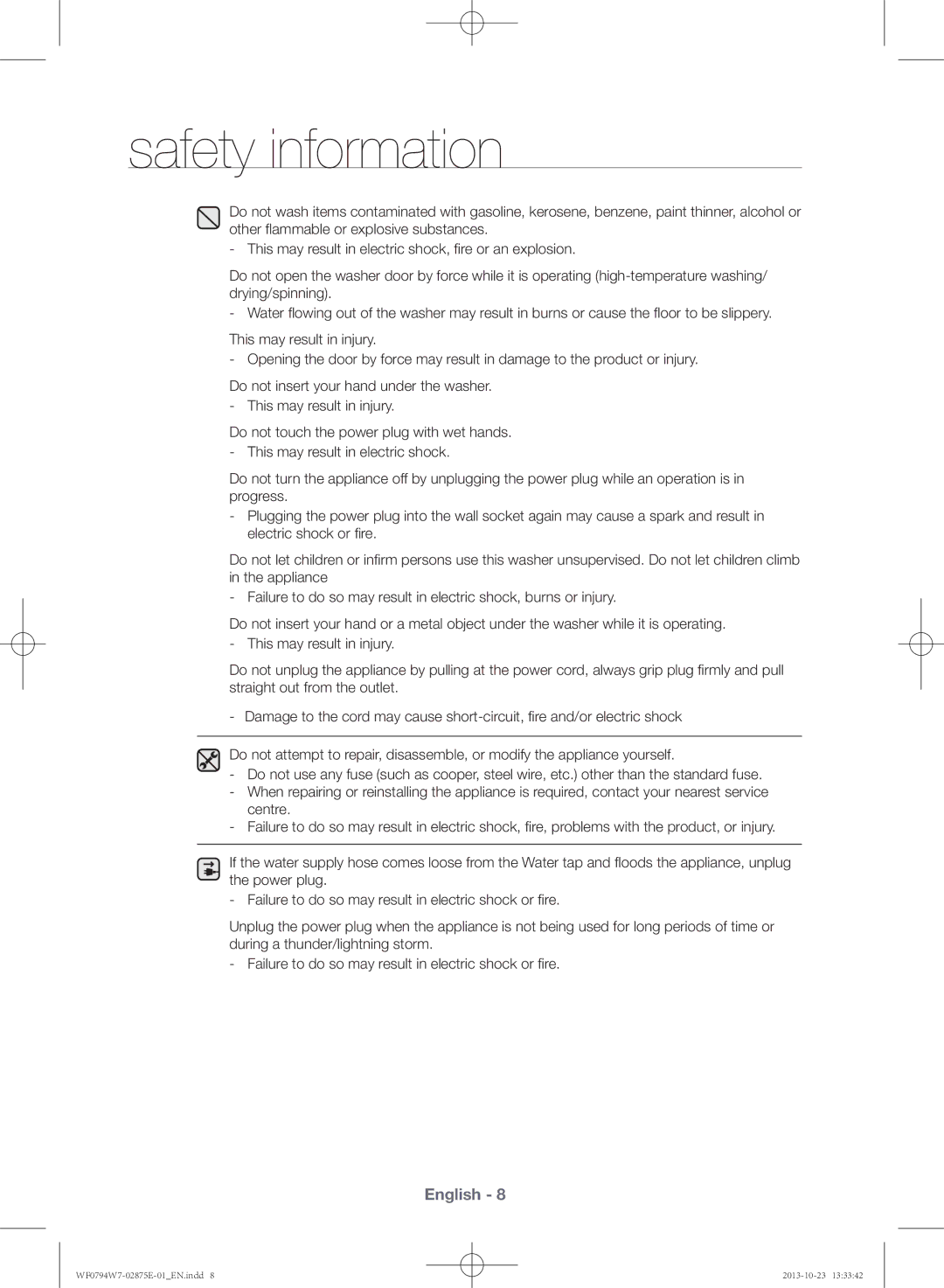 Samsung WF0794W7E9/XSV manual Safety information 