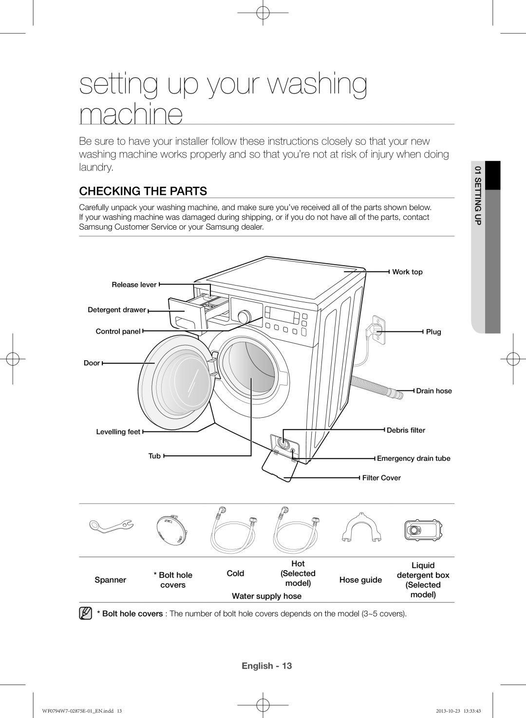 Samsung WF0794W7E9/XSV manual setting up your washing machine, Checking the parts, English 