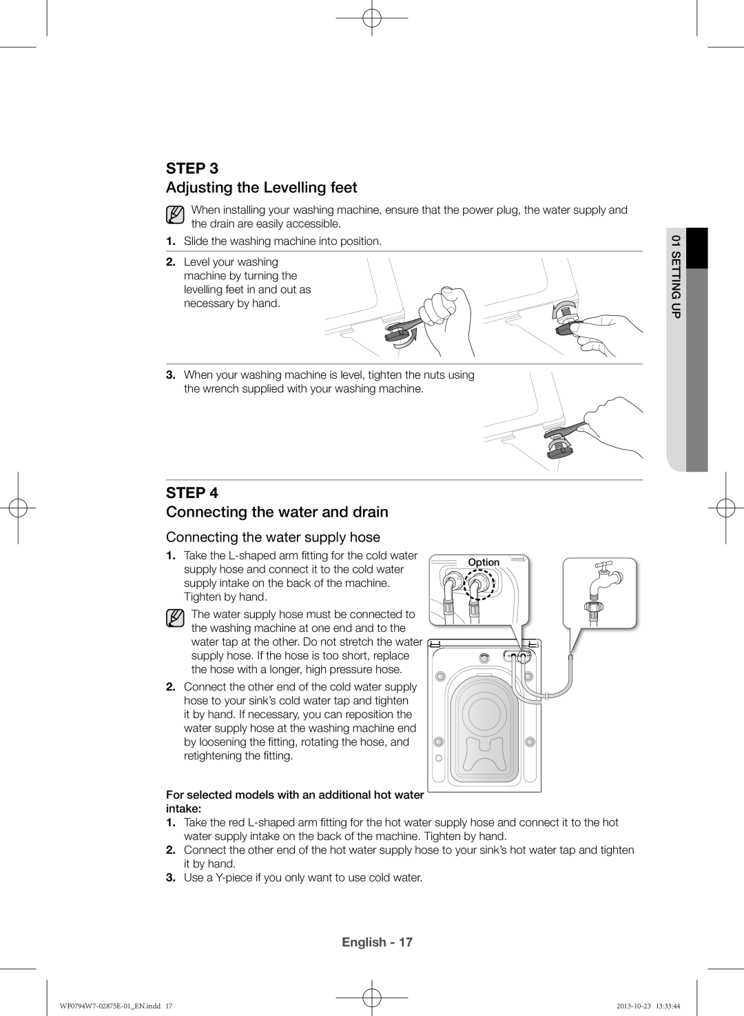 Samsung WF0794W7E9/XSV manual Step, Adjusting the Levelling feet, Connecting the water and drain, English 