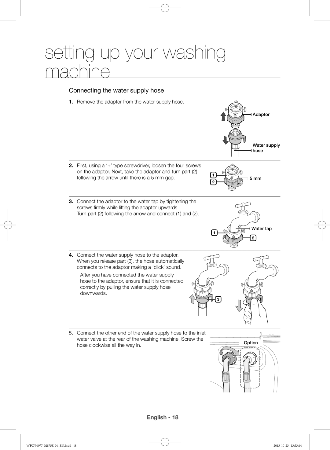 Samsung WF0794W7E9/XSV manual setting up your washing machine, Connecting the water supply hose, English 