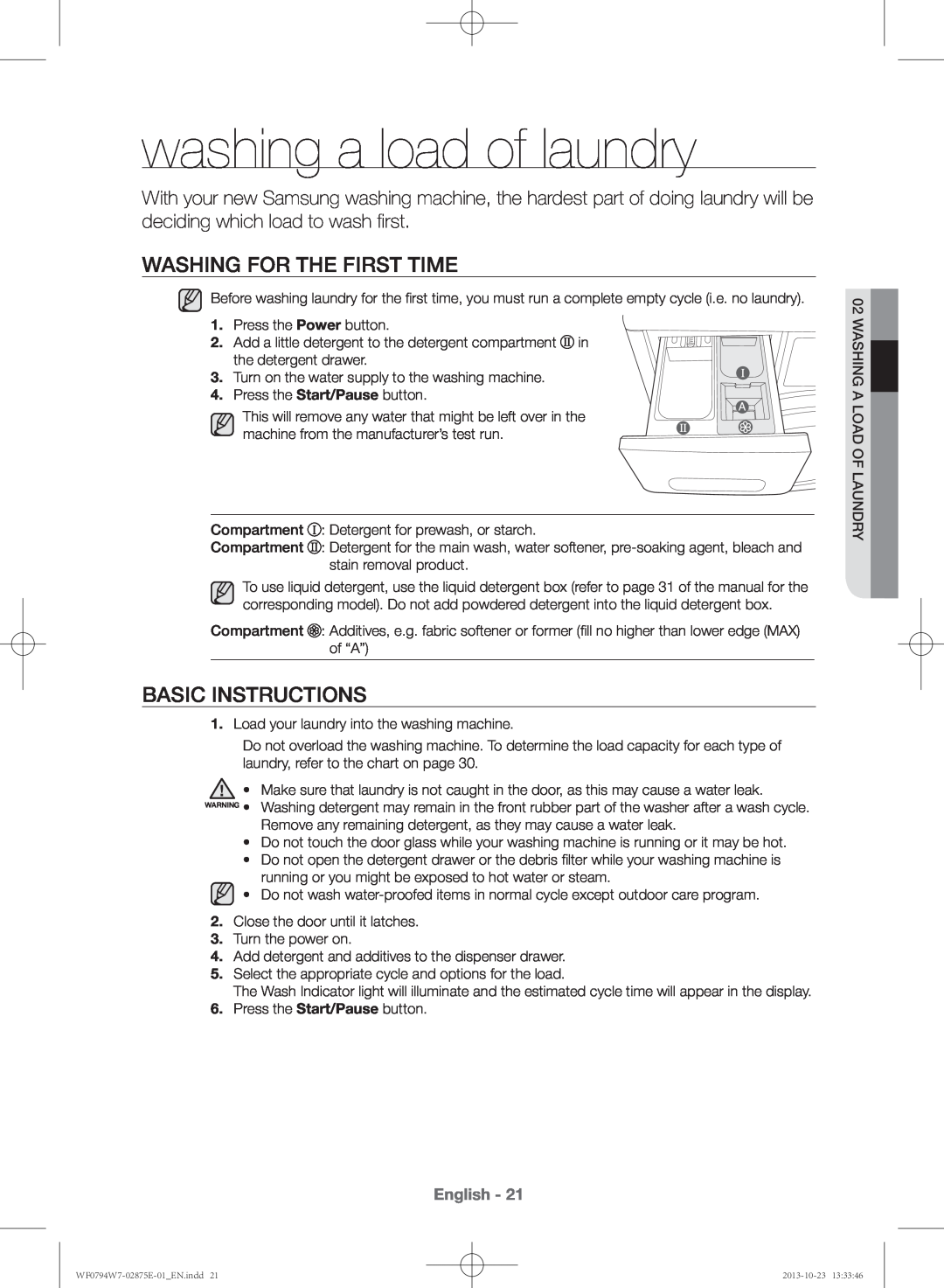 Samsung WF0794W7E9/XSV manual washing a load of laundry, Washing for the first time, Basic instructions, English 