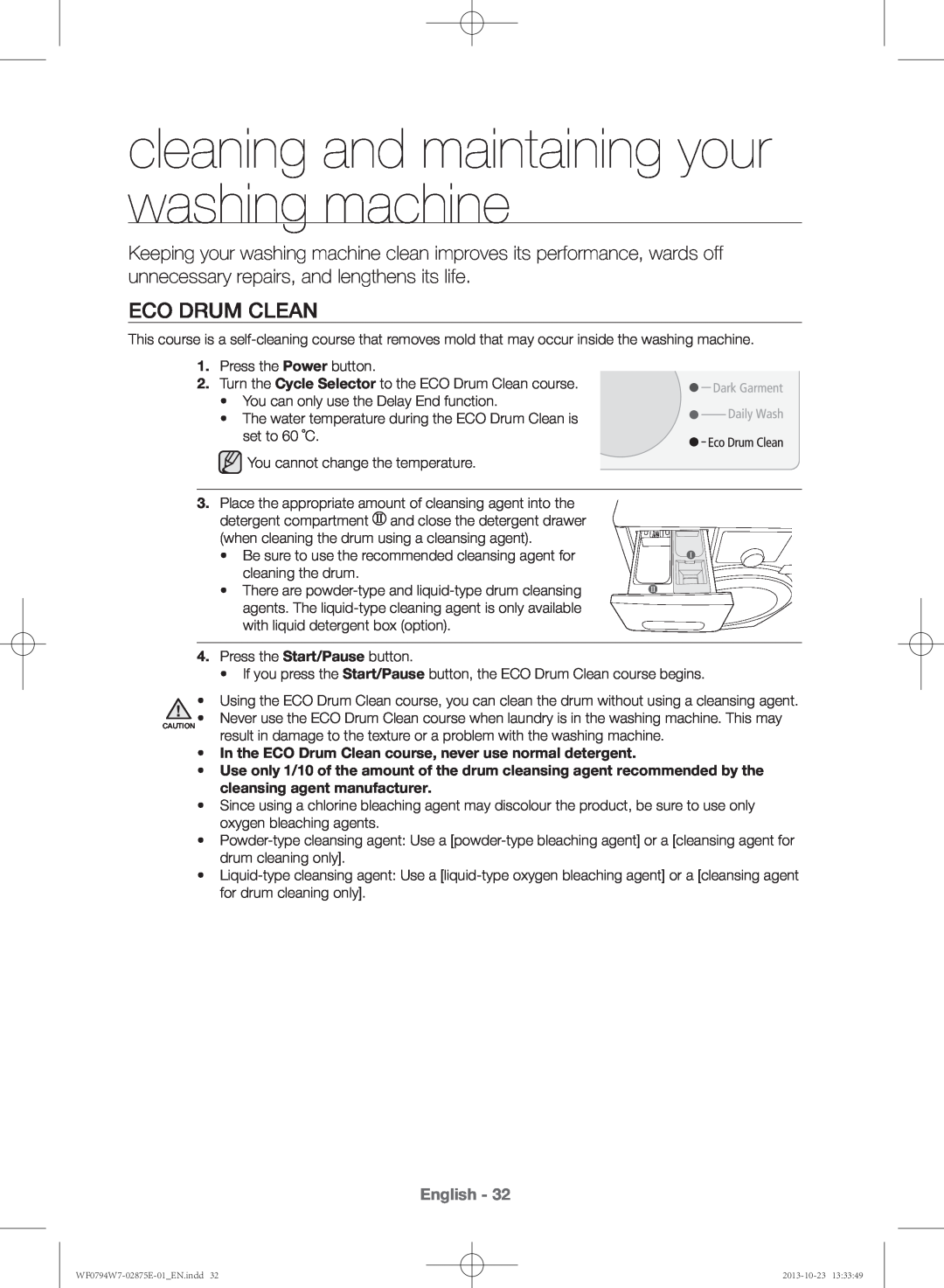 Samsung WF0794W7E9/XSV manual cleaning and maintaining your washing machine, Eco Drum Clean, English 