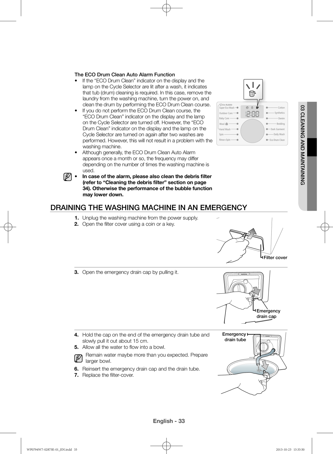 Samsung WF0794W7E9/XSV manual DraininG tHE WaSHinG MaCHinE in an EMErGEnCy, English 