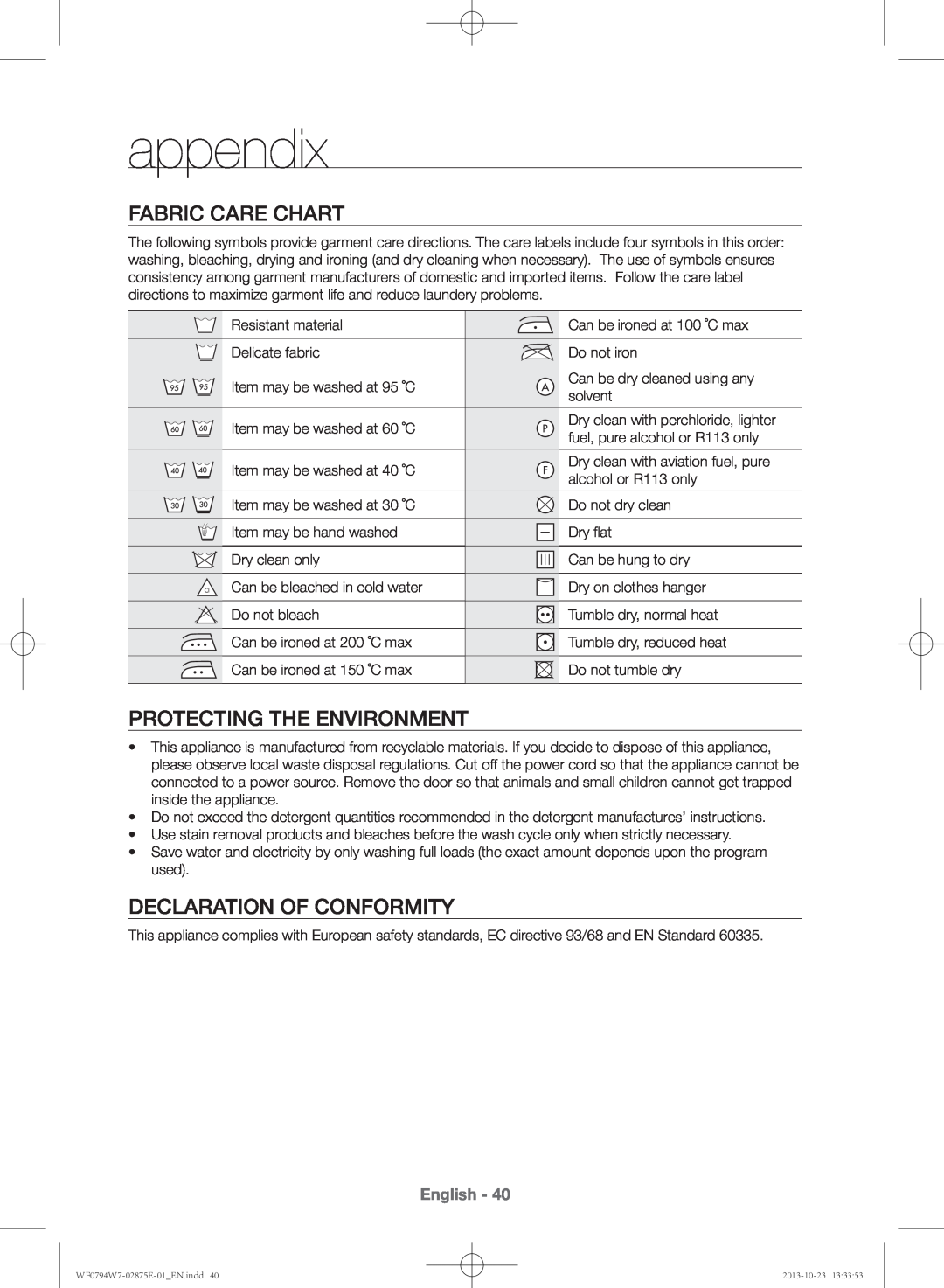 Samsung WF0794W7E9/XSV manual appendix, Fabric care chart, Protecting the environment, Declaration of conformity, English 