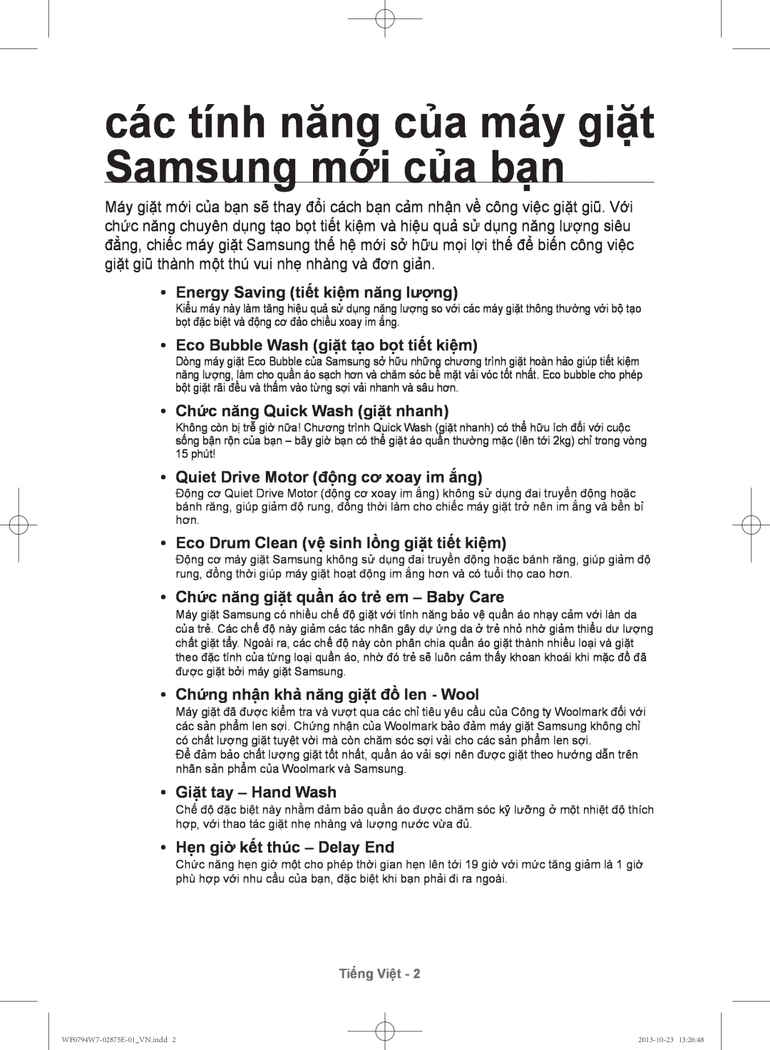 Samsung WF0794W7E9/XSV các tính năng của máy giặt Samsung mới của bạn, Energy Saving tiêt kiêm năng lượng, Tiếng Việt 