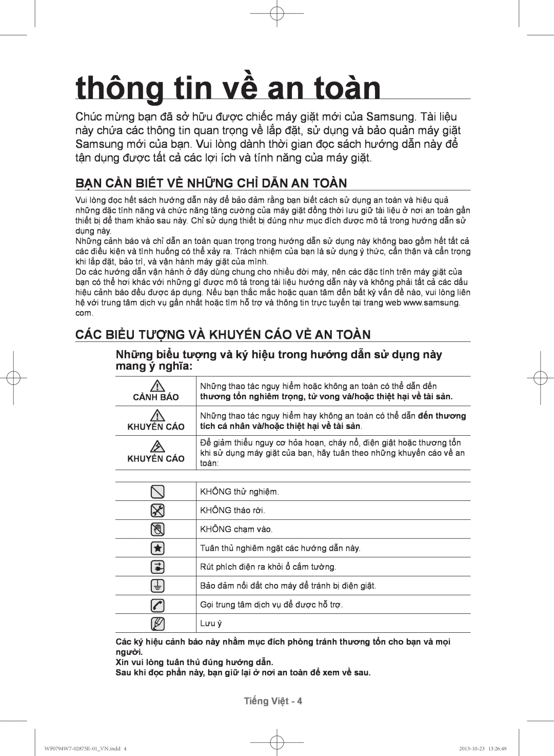 Samsung WF0794W7E9/XSV manual thông tin về an toàn, Bạn cần biết về những chỉ dẫn an toàn, Tiếng Việt, Cảnh Báo, Khuyến Cáo 