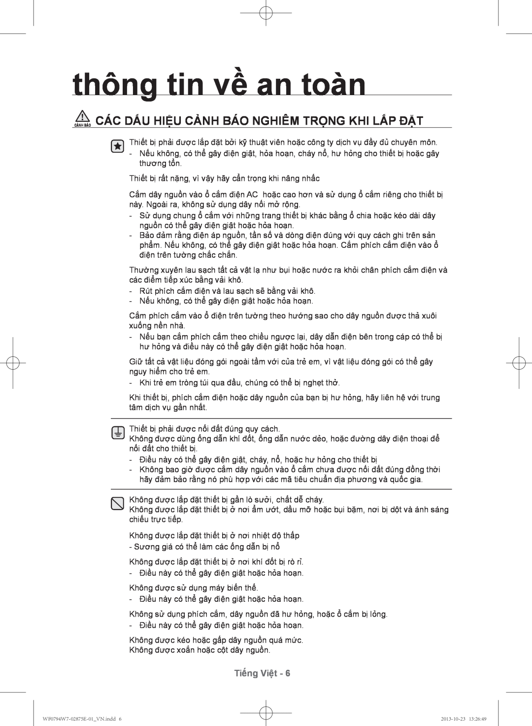 Samsung WF0794W7E9/XSV manual thông tin về an toàn, Cảnh Báo Các Dấu Hiệu Cảnh Báo Nghiêm Trọng Khi Lắp Đặt, Tiếng Việt 