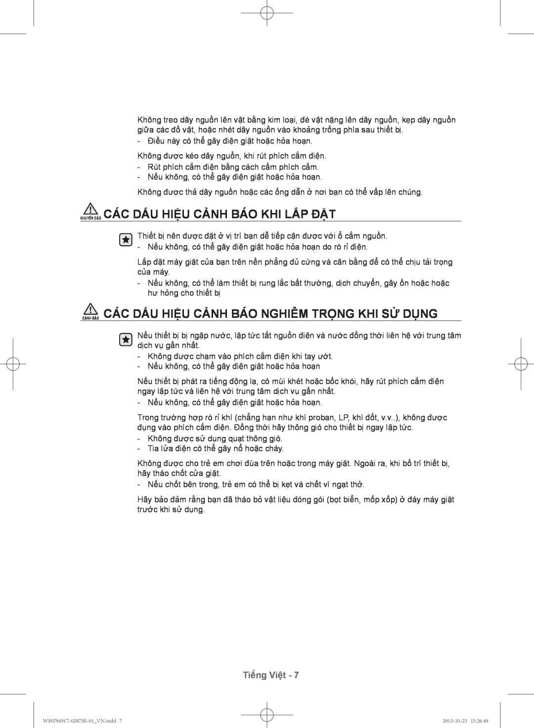 Samsung WF0794W7E9/XSV manual Khuyến Cáo Các Dấu Hiệu Cảnh Báo Khi Lắp Đặt, Tiếng Việt 