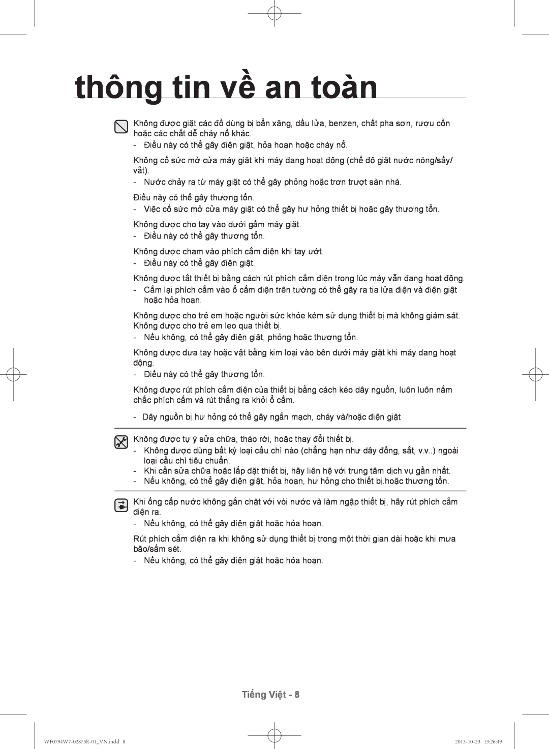 Samsung WF0794W7E9/XSV manual thông tin về an toàn, Tiếng Việt 