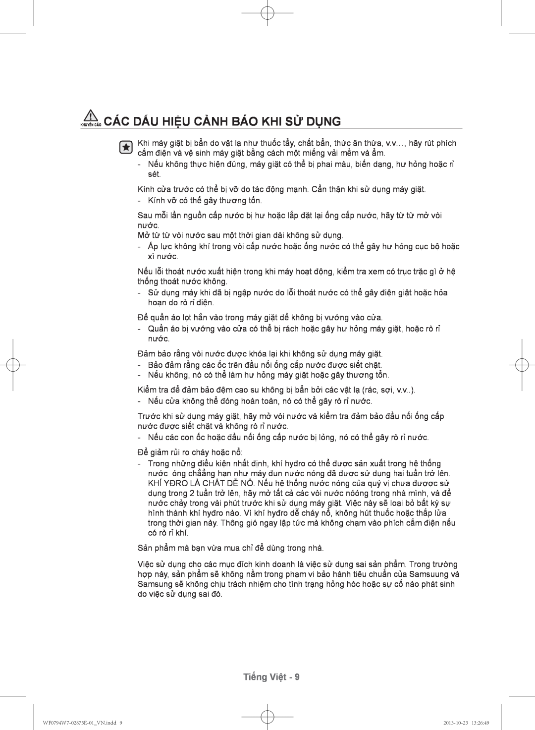 Samsung WF0794W7E9/XSV manual Khuyến Cáo Các Dấu Hiệu Cảnh Báo Khi Sử Dụng, Tiếng Việt 