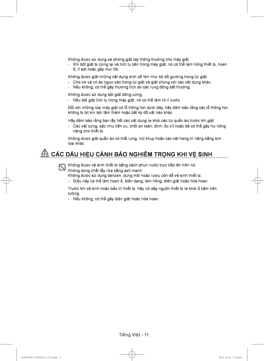 Samsung WF0794W7E9/XSV manual Cảnh Báo Các Dấu Hiệu Cảnh Báo Nghiêm Trọng Khi Vệ Sinh, Tiếng Việt 