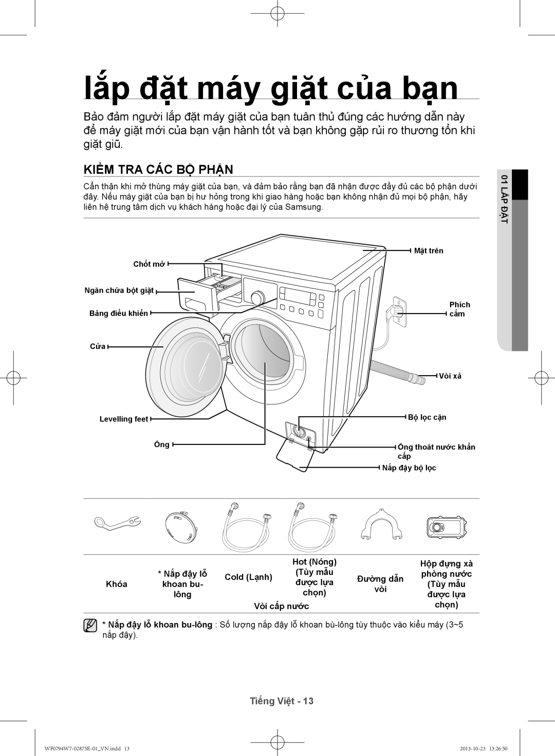 Samsung WF0794W7E9/XSV lắ́p đặt máy giặt của bạn, Kiểm tra các bộ phận, Tiếng Việt, 01 lắp đặt, Hot Nóng, Hộ̣p đựng xà 