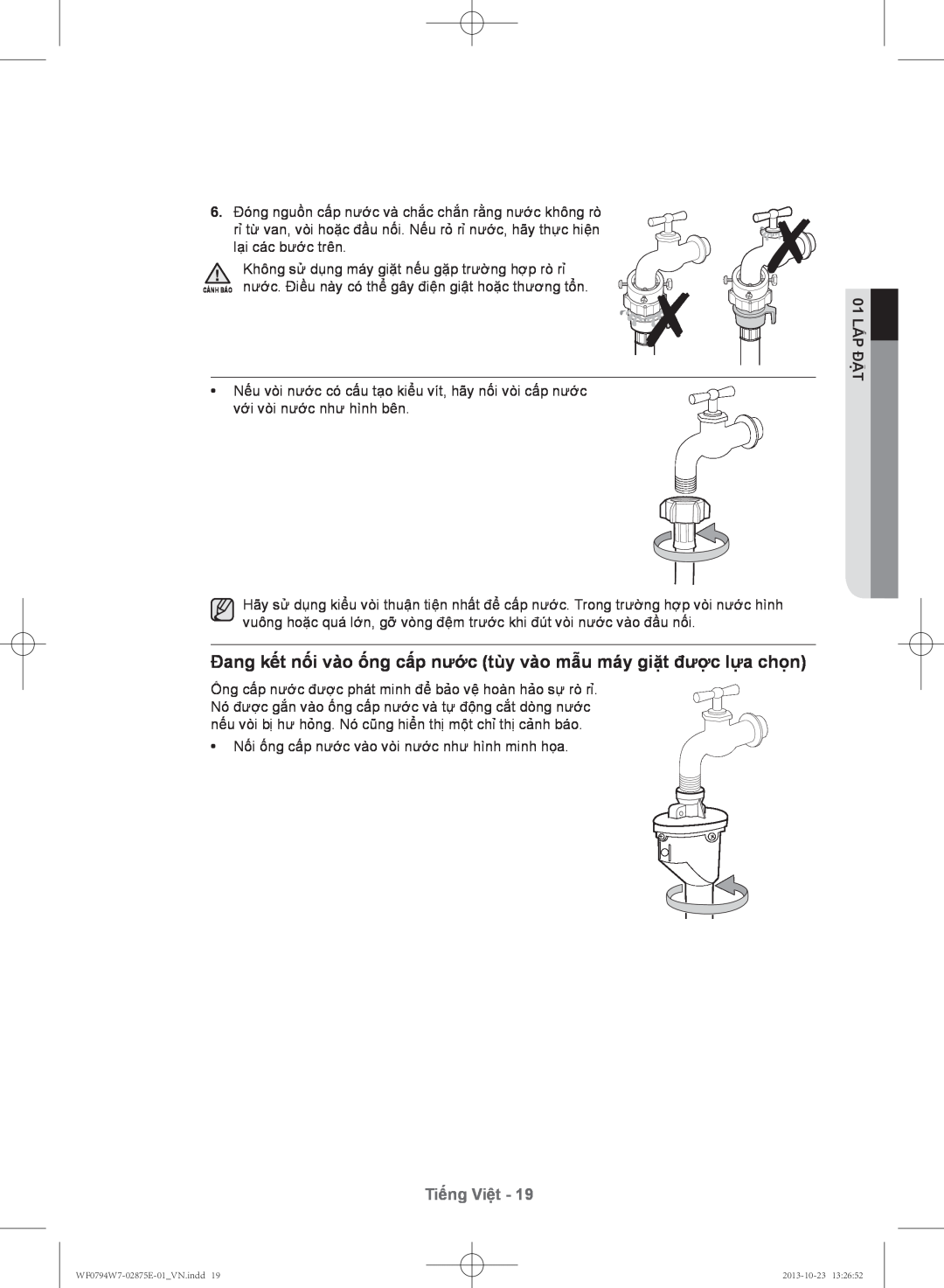 Samsung WF0794W7E9/XSV manual Đang kết nối vào ống cấp nước tùy vào mẫu máy giặt đượ̣c lựa chọ̣n, Tiếng Việt, 01 lắp đặt 