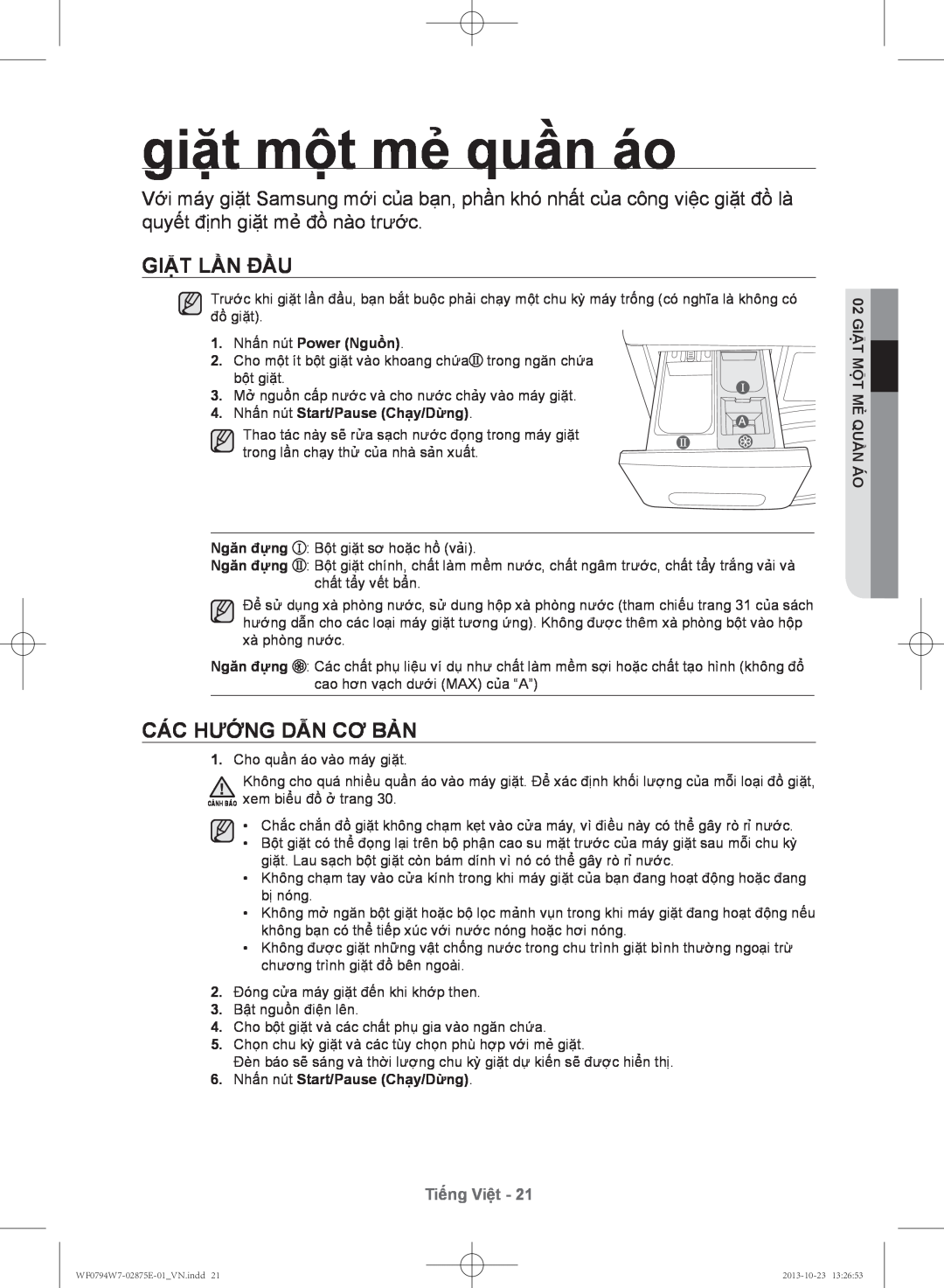 Samsung WF0794W7E9/XSV manual giặt mộ̣t mẻ quần áo, Giặt lần đầu, Các hướng dẫn cơ bản, Tiếng Việt, Nhấ́n nút Power Nguồ̀n 