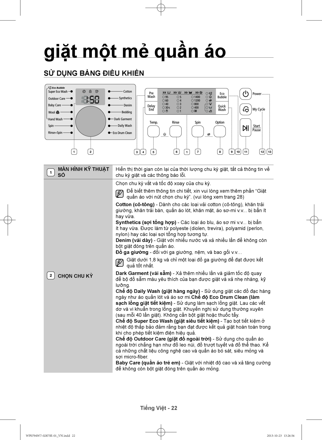 Samsung WF0794W7E9/XSV manual giặt mộ̣t mẻ quần áo, Sử dụng bảng điều khiển, Tiếng Việt, Chọn Chu Kỳ 