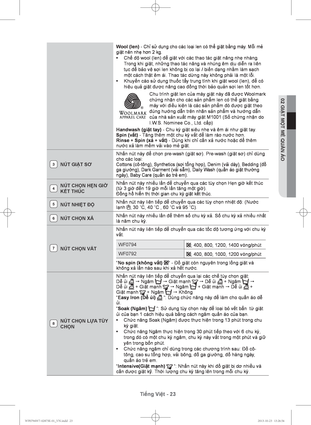 Samsung WF0794W7E9/XSV manual Tiếng Việt, Nút Giặt Sơ, Nút Chọn Hẹn Giờ, Kết Thúc, Nút Nhiệt Độ, Nút Chọn Xả, Nút Chọn Vắt 