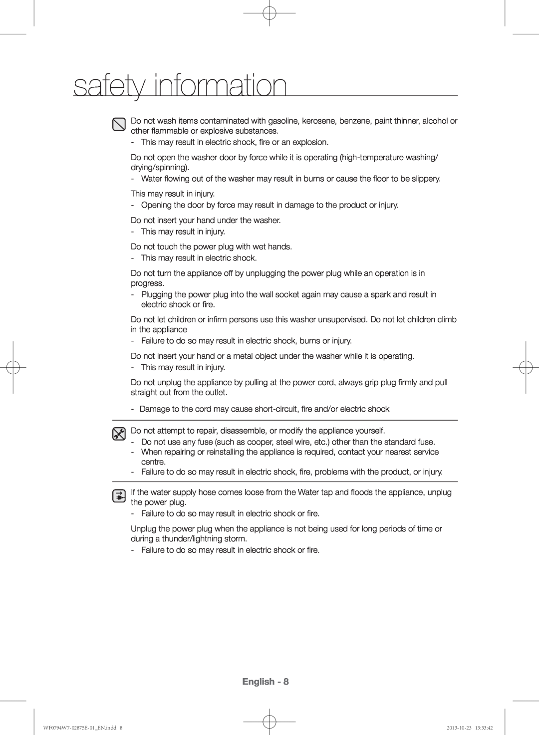 Samsung WF0794W7E9/XSV manual safety information, English 