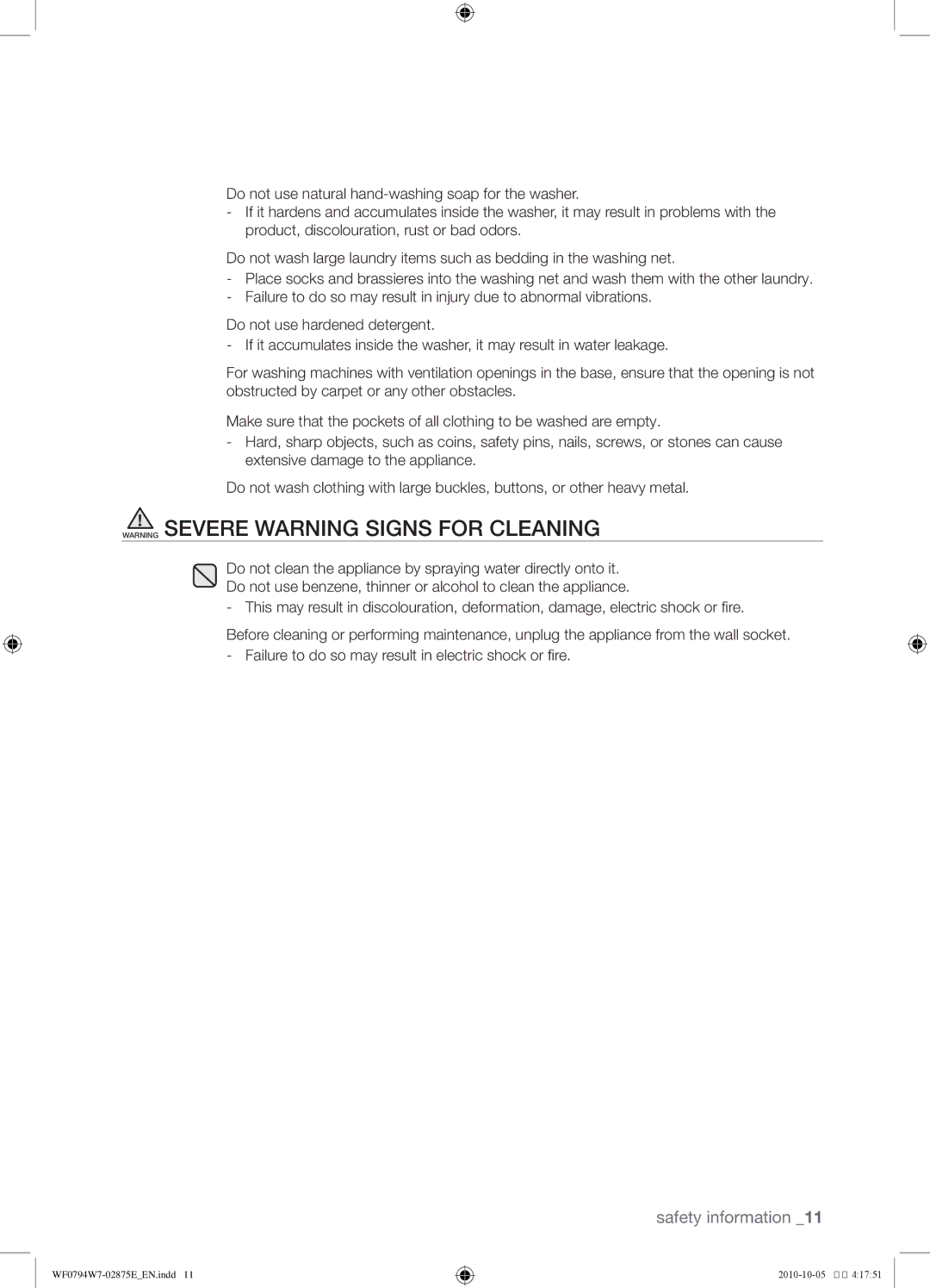 Samsung WF0794W7E1/XSV, WF0794W7E/XSV manual Safety information 