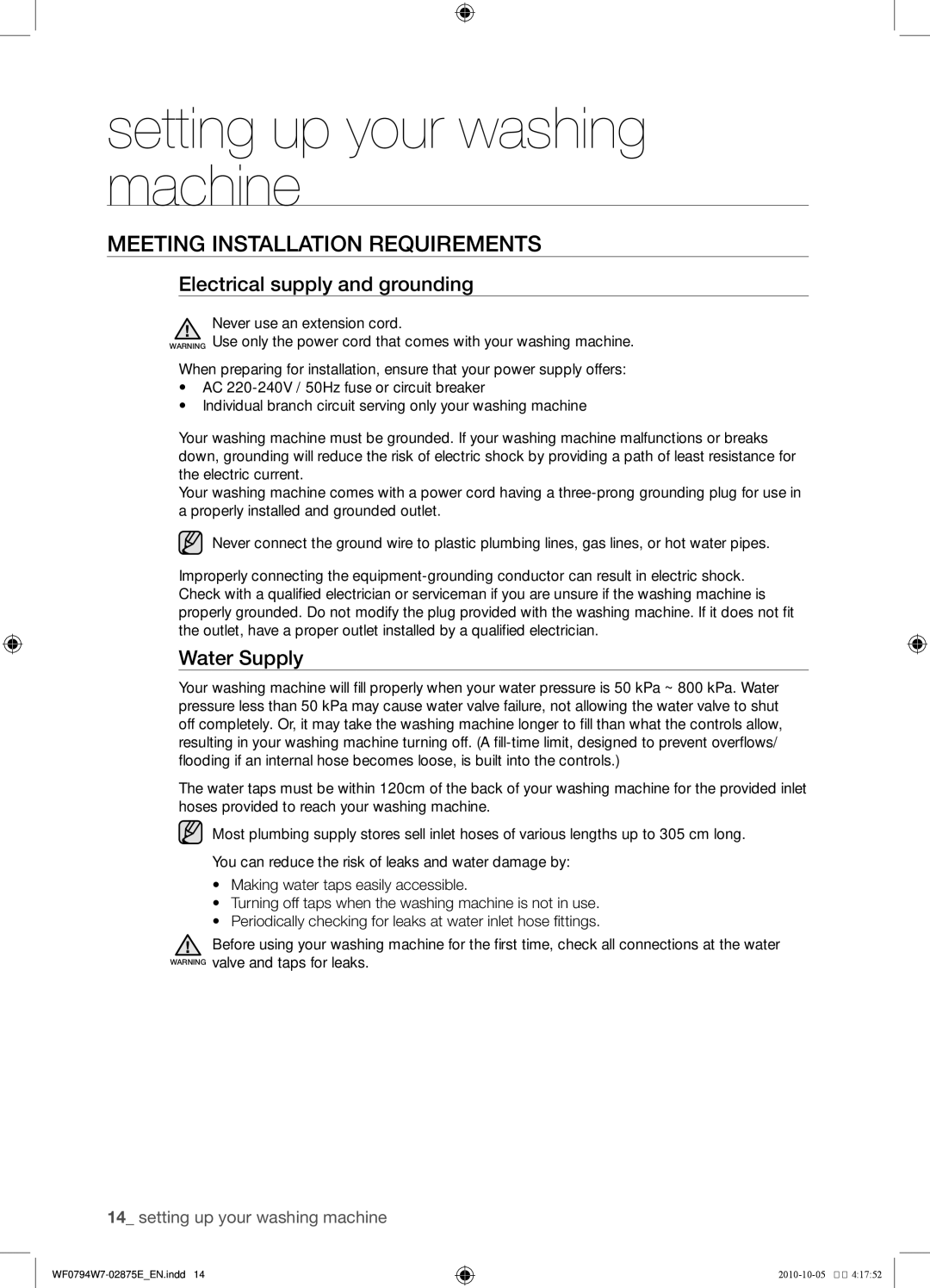 Samsung WF0794W7E/XSV, WF0794W7E1/XSV Meeting installation requirements, Electrical supply and grounding, Water Supply 