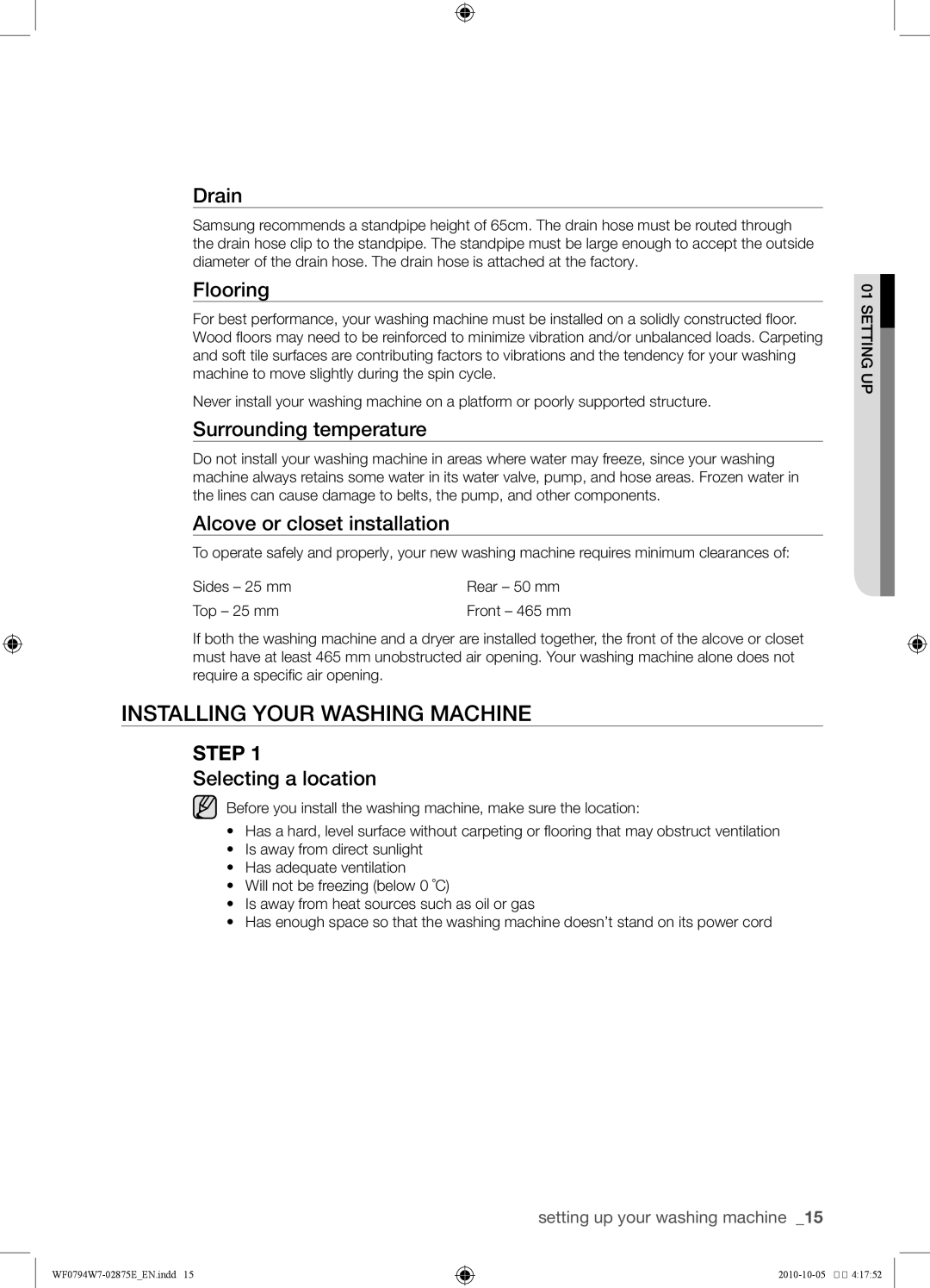 Samsung WF0794W7E1/XSV, WF0794W7E/XSV manual Installing your washing machine 