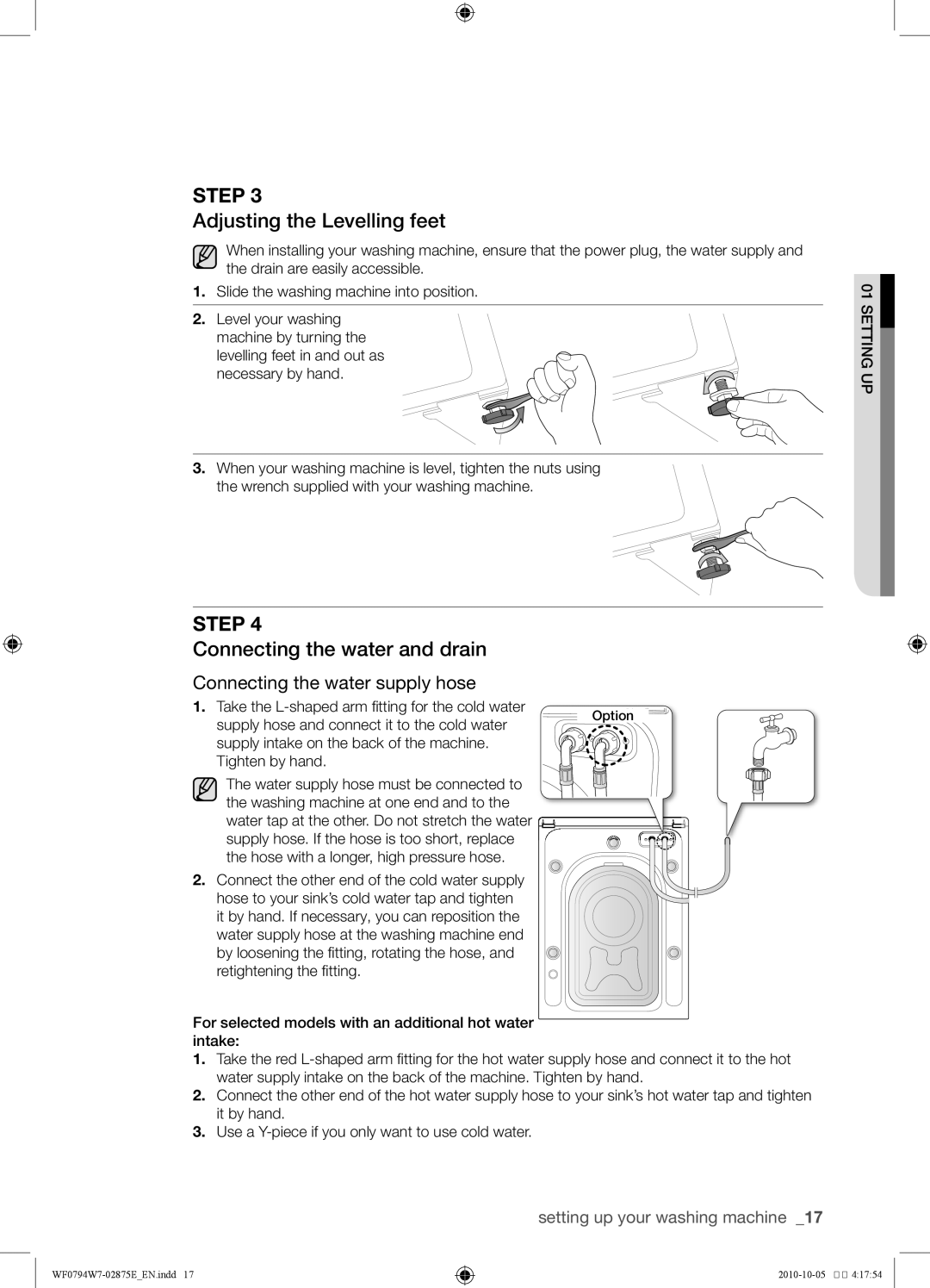 Samsung WF0794W7E1/XSV, WF0794W7E/XSV manual Adjusting the Levelling feet, Connecting the water and drain 