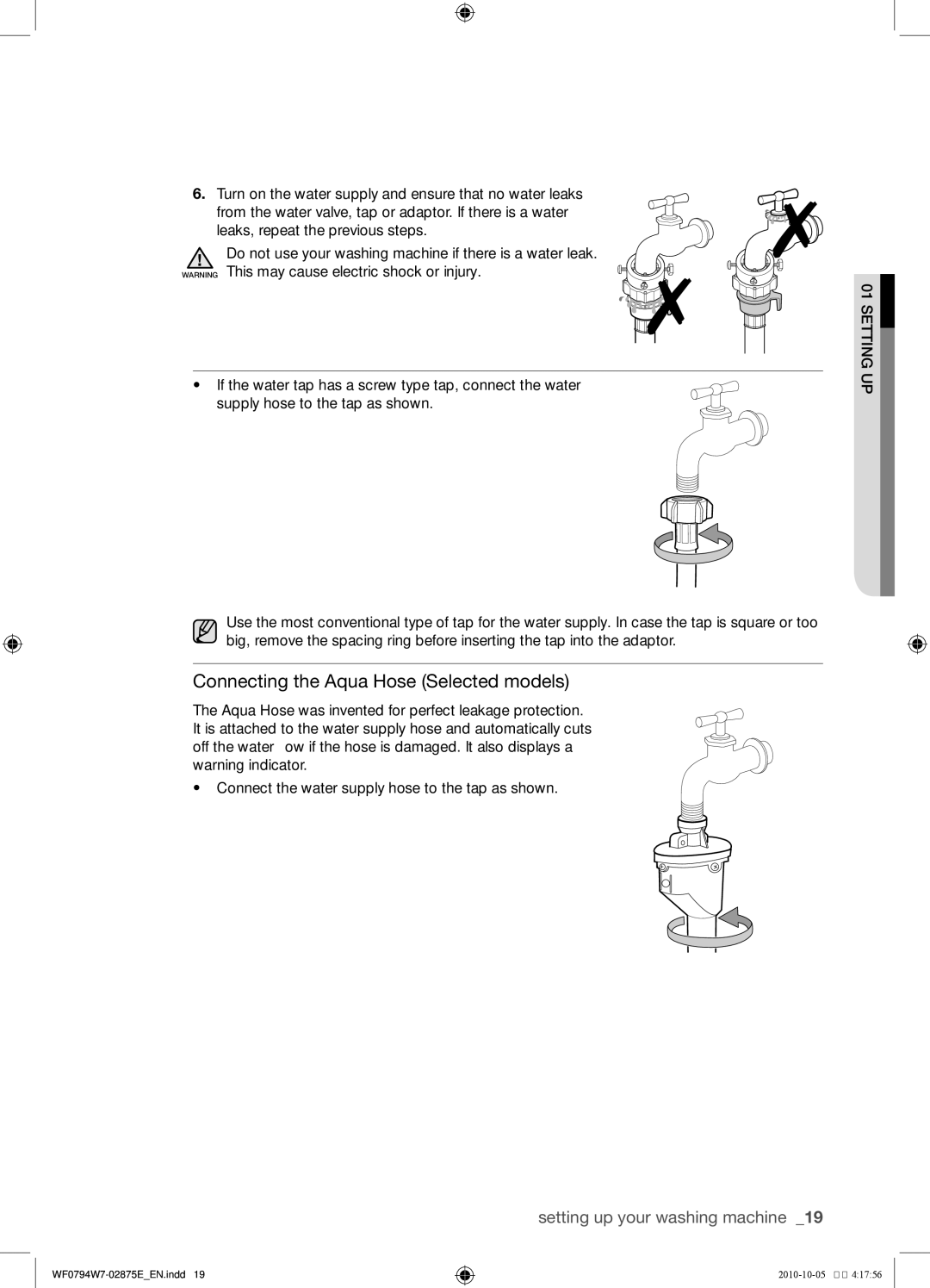 Samsung WF0794W7E1/XSV, WF0794W7E/XSV manual Connecting the Aqua Hose Selected models 