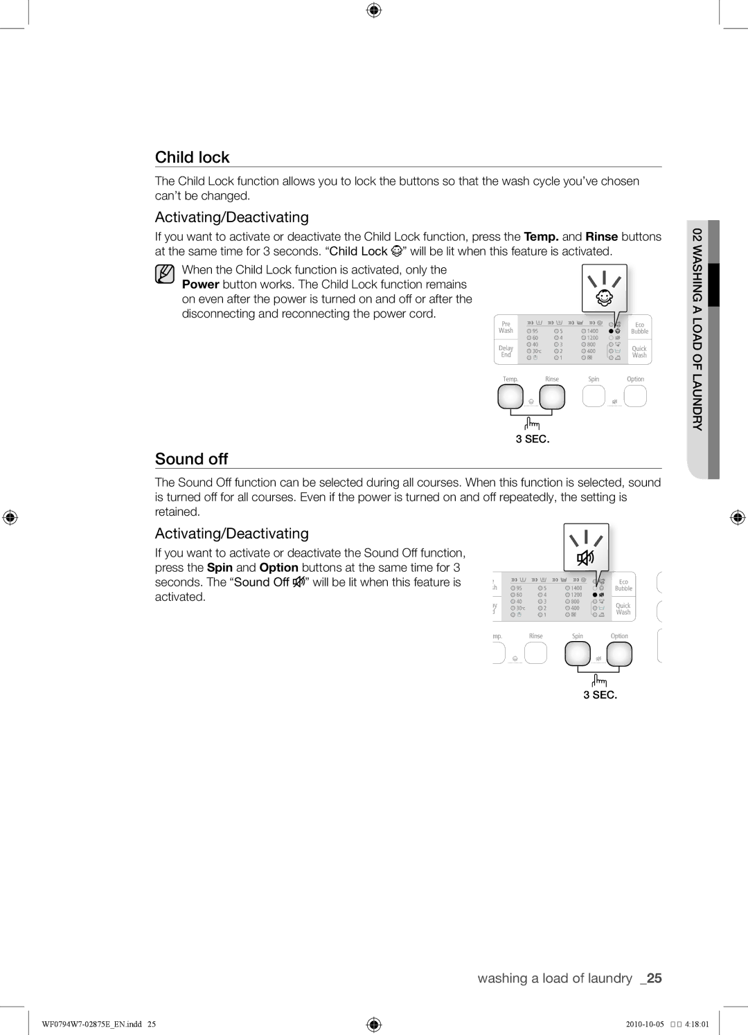 Samsung WF0794W7E1/XSV, WF0794W7E/XSV manual Sound off, Activating/Deactivating 